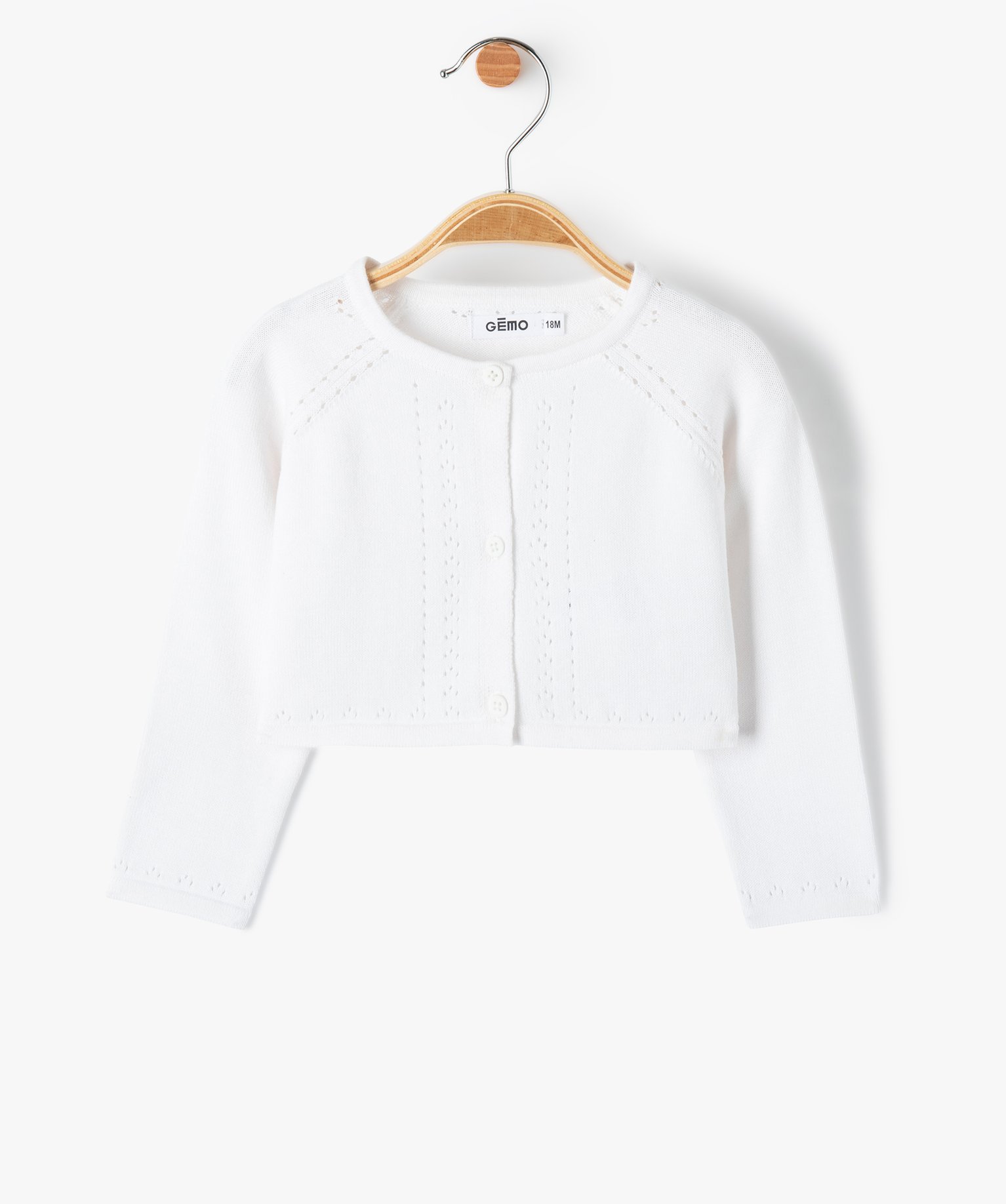 Gilet bébé fille court à maille ajourée blanc | GEMO