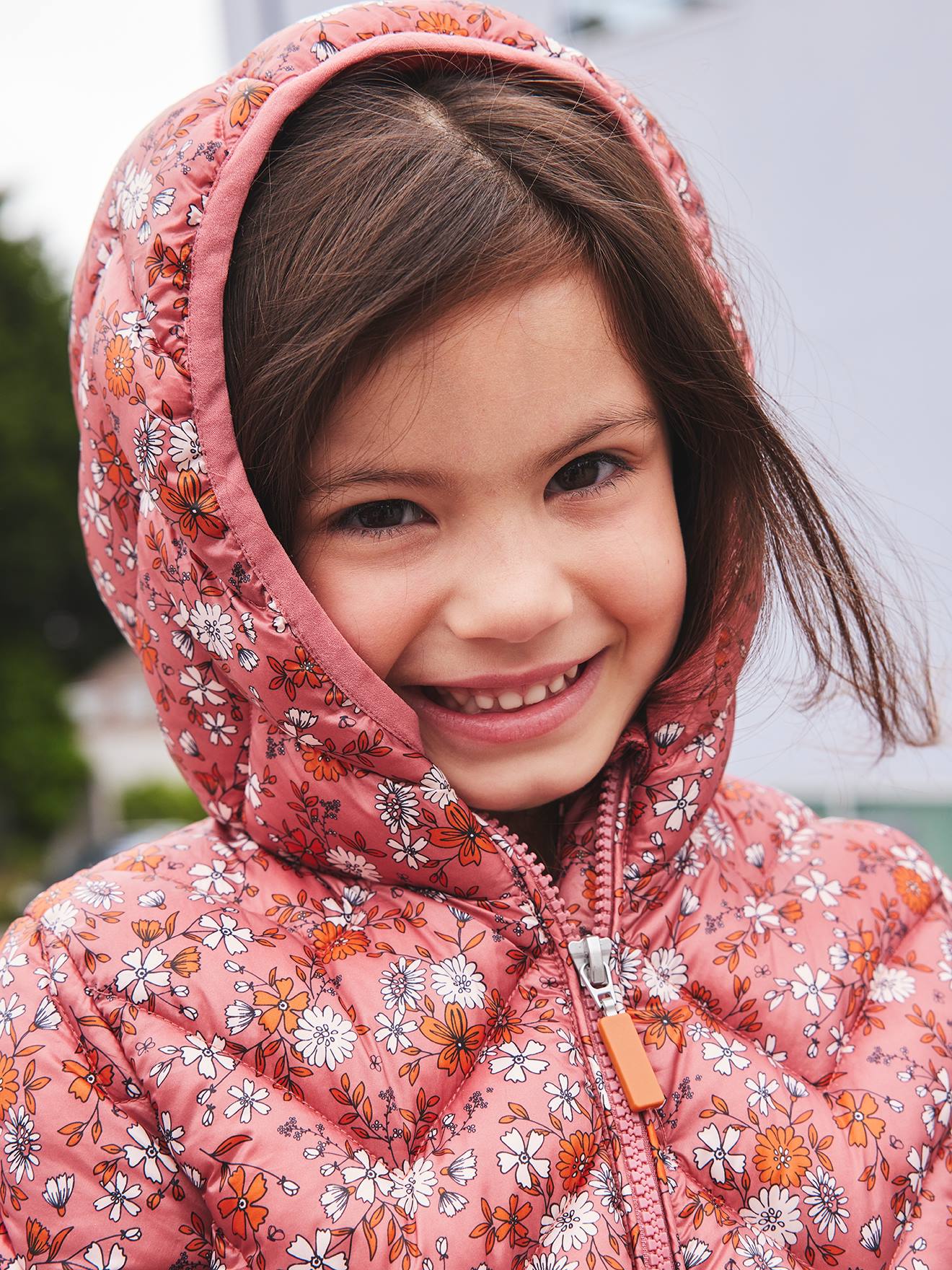 Doudoune légère à capuche fille motifs imprimés moutarde imprimé
