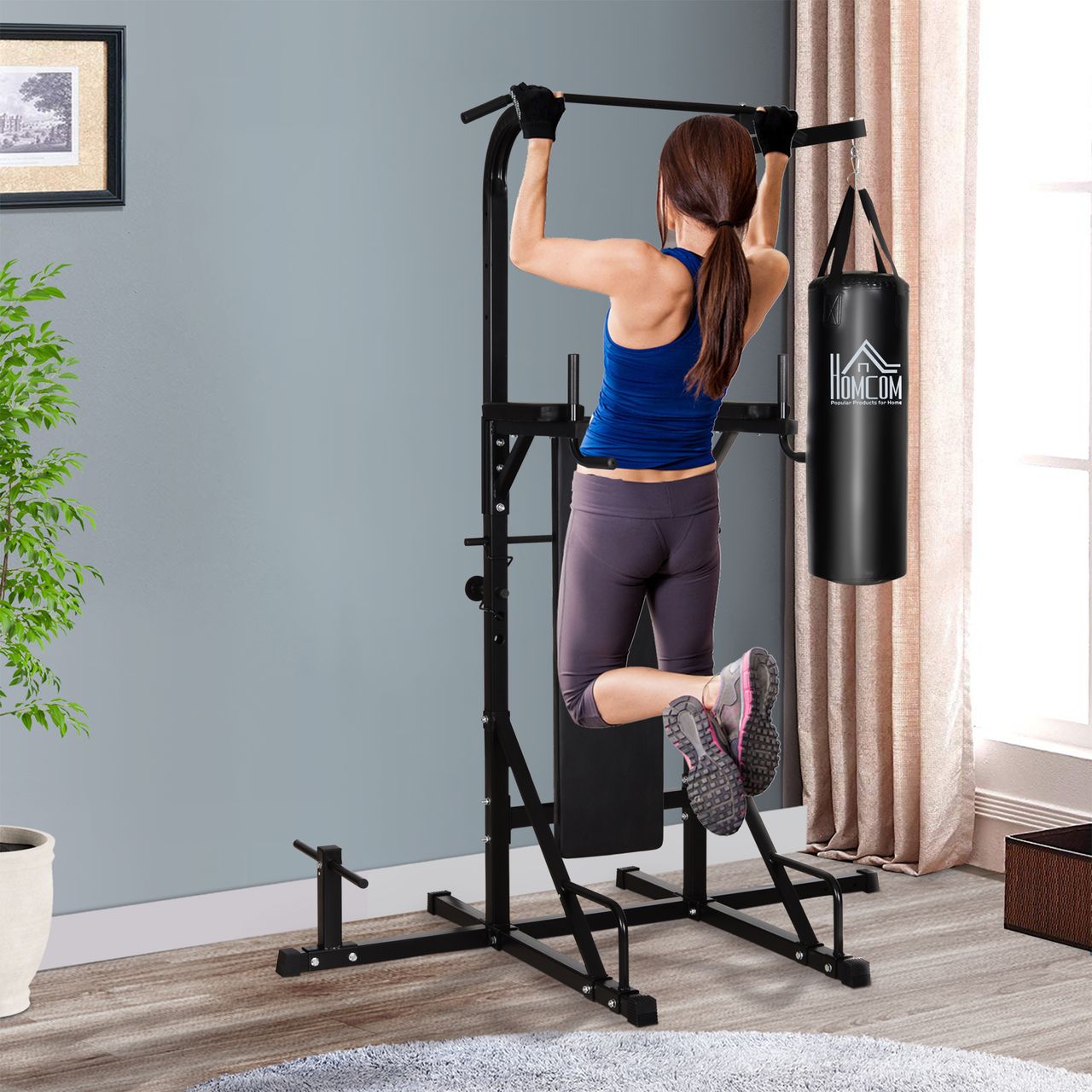 HOMCOM Kraftstation mit Klimmzugstange, Multifunktionale Dip-Station, Trainings-Gerät für Zuhause, mit Boxsack, Fitness, Stahl, Schwarz, 180 x 183 x 219 cm