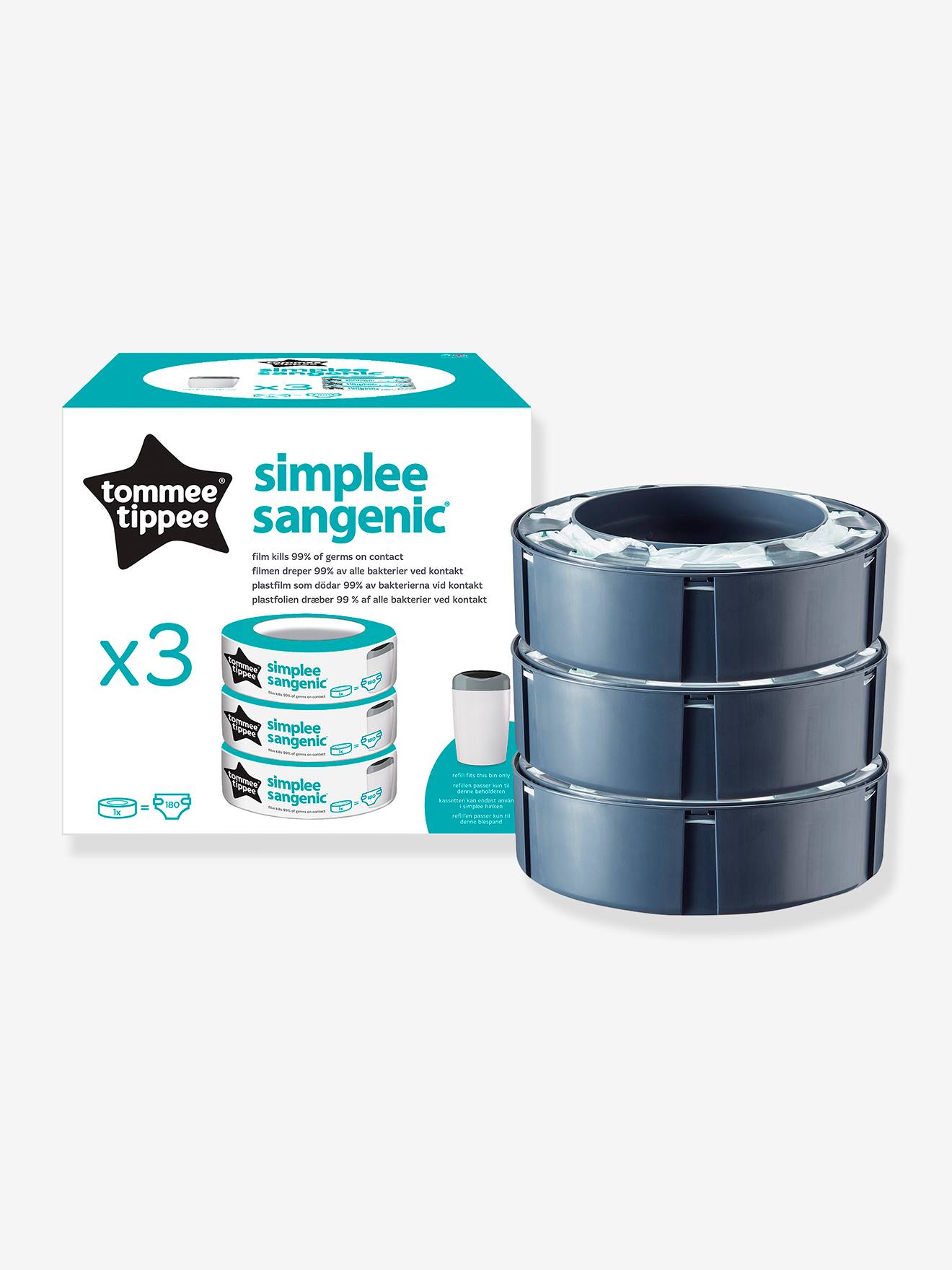 Lot de 3 recharges pour poubelle à couches Simplee Tommee tippee SANGENIC en plastique recyclé blanc