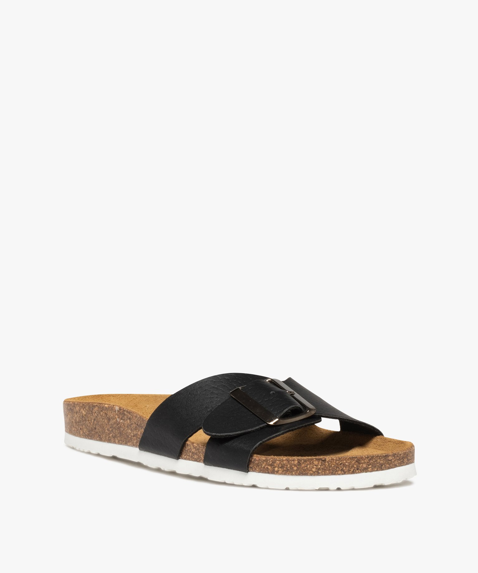 Mules femme plates à semelle liège et bride à boucle noir | GEMO