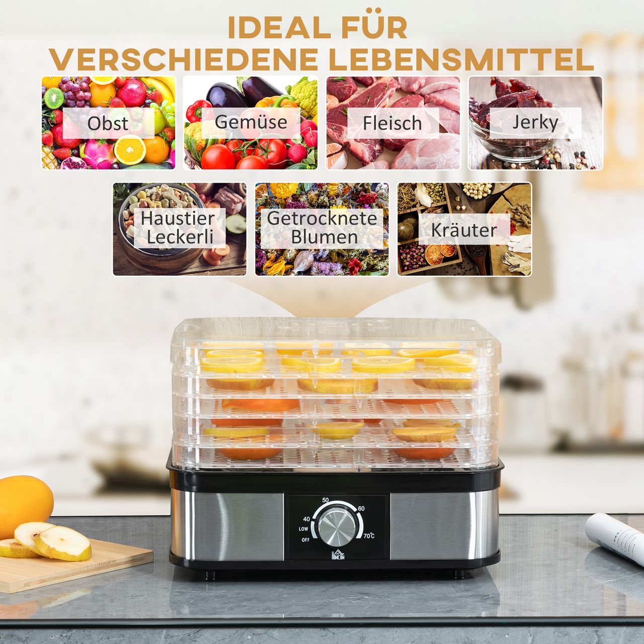 HOMCOM Dörrautomat Dörrgerät mit 5 Einlegefächer, 35-70°C, Obsttrockner Dehydrator für Fleisch Obst Haustier-Leckereien Edelstahl Silber Transparent 32 x 25 x 29cm