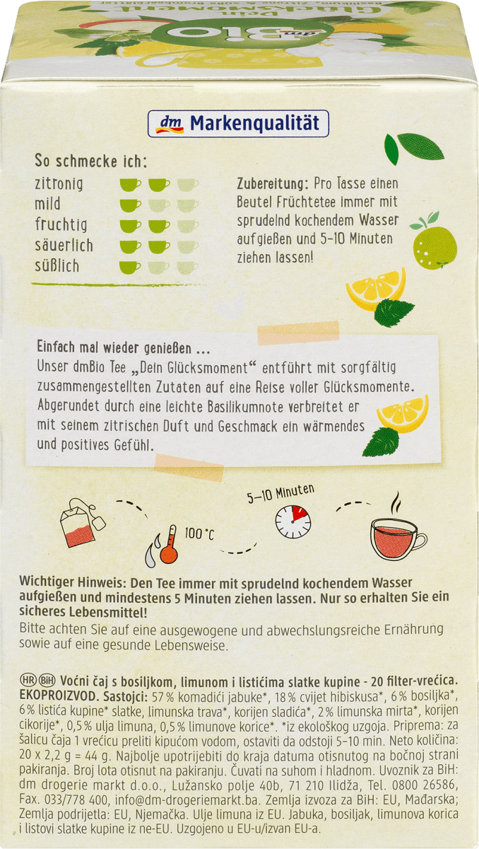Früchtetee \Dein Glücksmoment\ mit Basilikum, Zitrone und süße Brombeerblätter (20 x 2,2g), 44 g