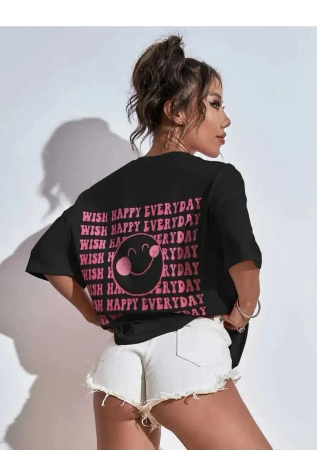 Know  Schwarzes Oversize-T-Shirt mit „Wish Happy Everyday“-Aufdruck für Damen