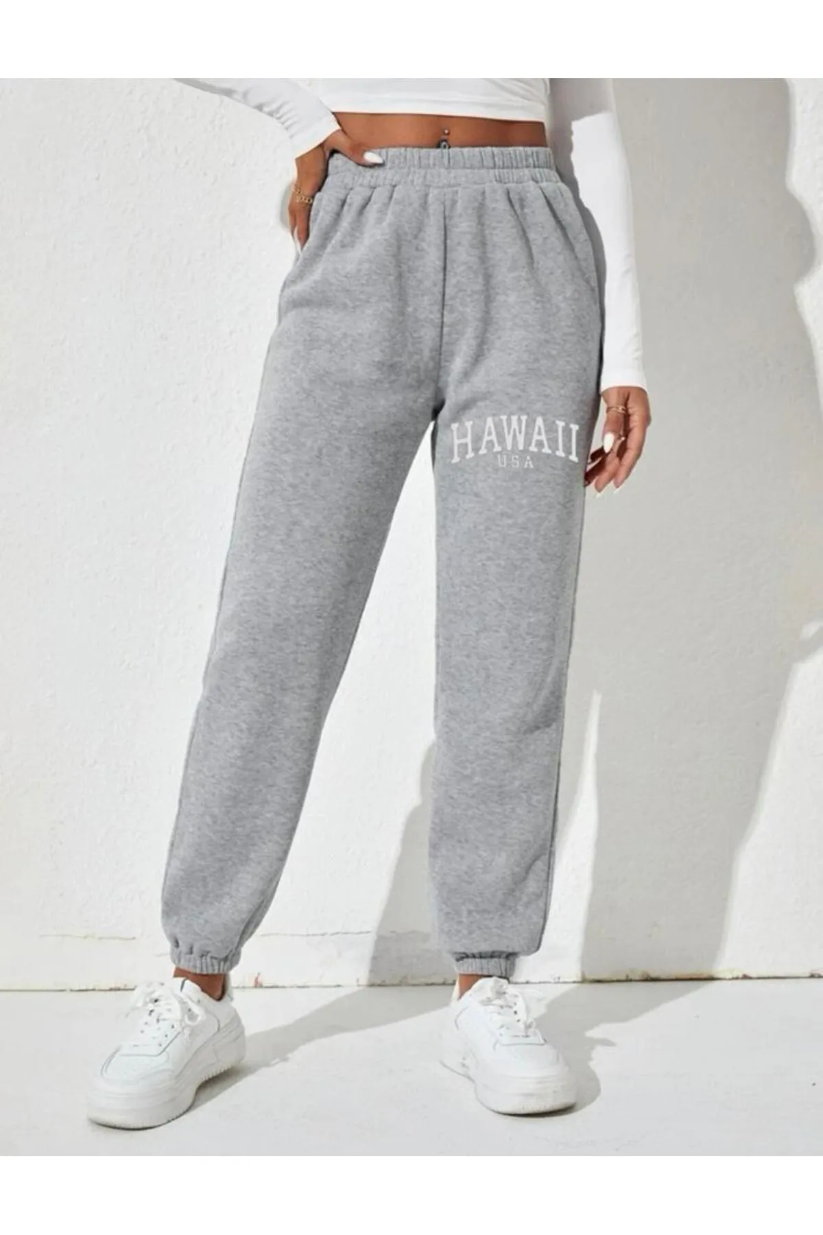 My Blog  Graue Damen-Jogginghose mit hawaiianischem Aufdruck und elastischem Bund und Beinen