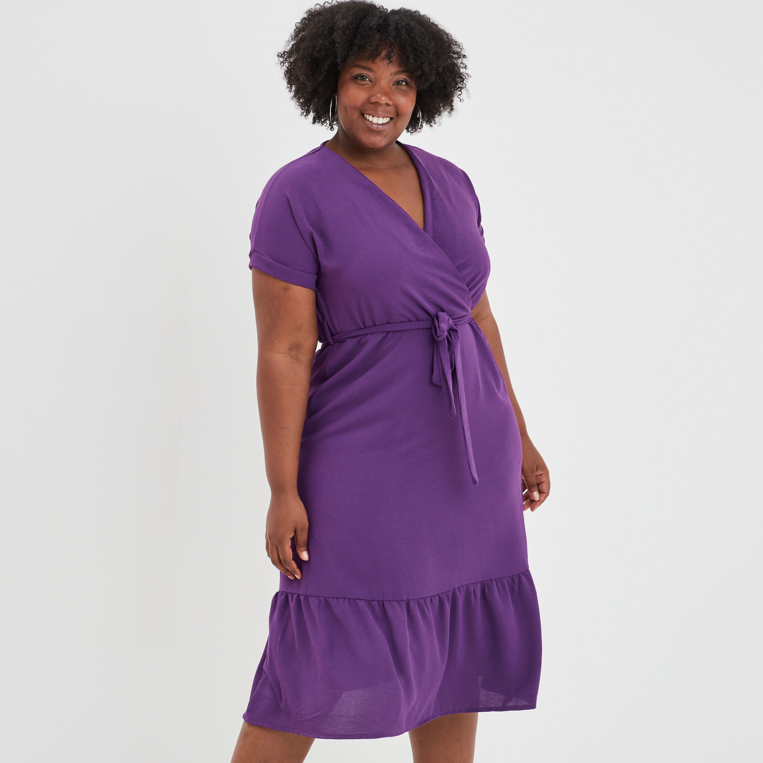 Robe cache-coeur évasée ceinturée violet femme | La Halle