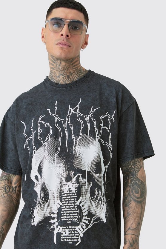 Tall zerrissenes Oversize T-Shirt mit Acid-Waschung und Gothic-Print