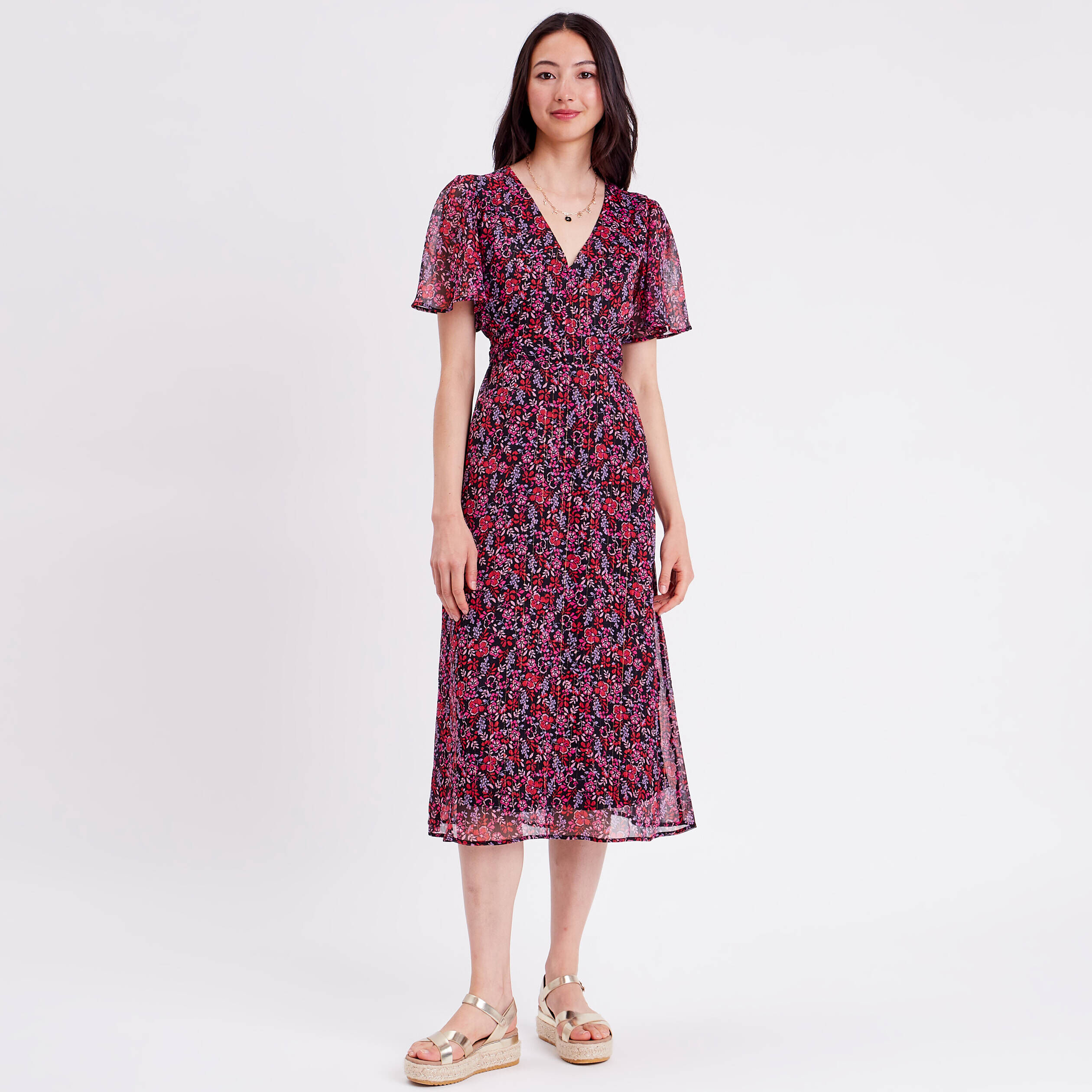 Robe longue évasée col en V rouge femme | Cache Cache