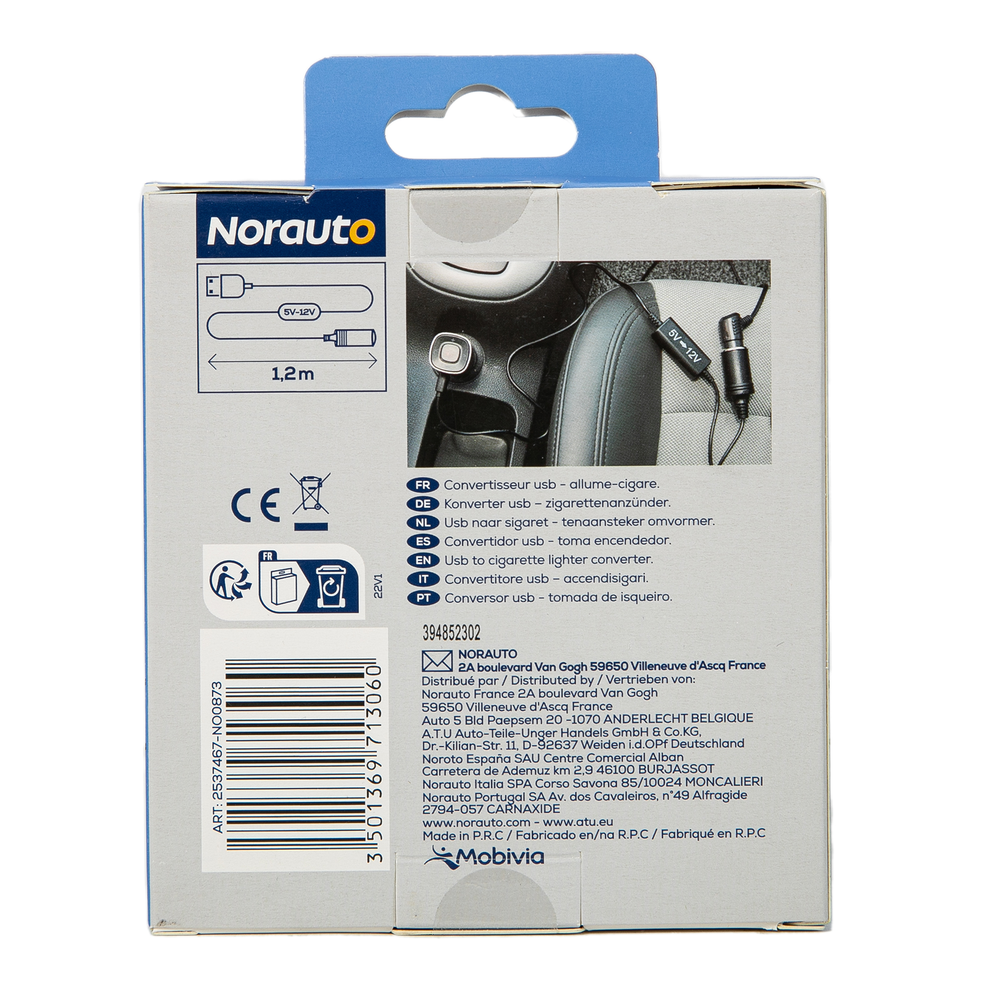 Norauto Konverter USB-Anschluss 5 V auf 12 V Zigarettenanzünderbuchse - ATU