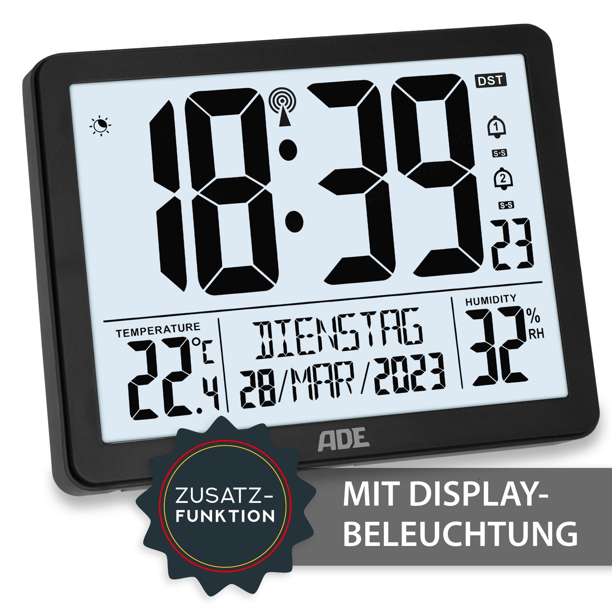 ADE Funktischuhr Digitale Tischuhr Wecker mit Thermometer und Hygrometer 2 Weckzeiten, ausgeschriebener Wochentag, zum Hängen oder Stellen