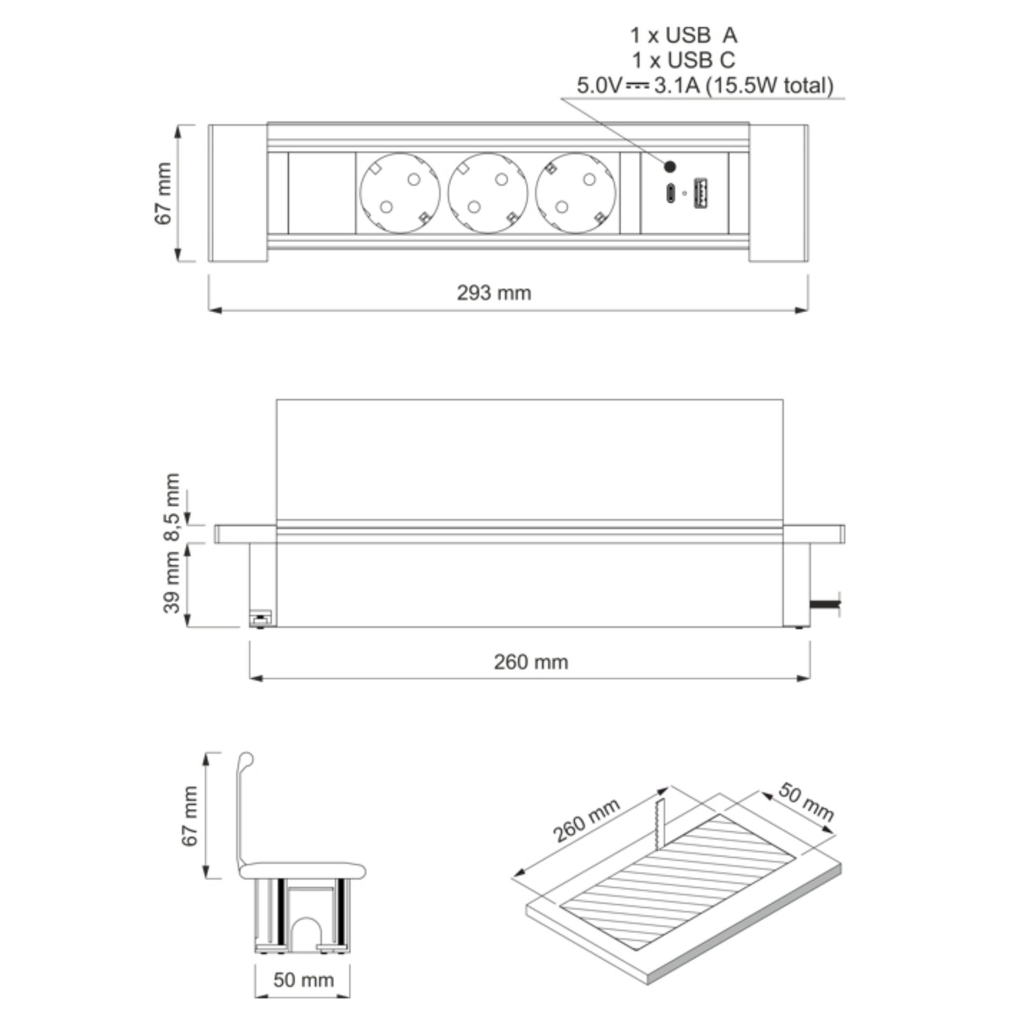 ADAKAT Einbau-Tischsteckdosenleiste 5-fach (3x Schutzkontakt-Steckdosen I 2x USB-Anschlüssen (USB-A + USB-C), Kabellänge 1.80 m)