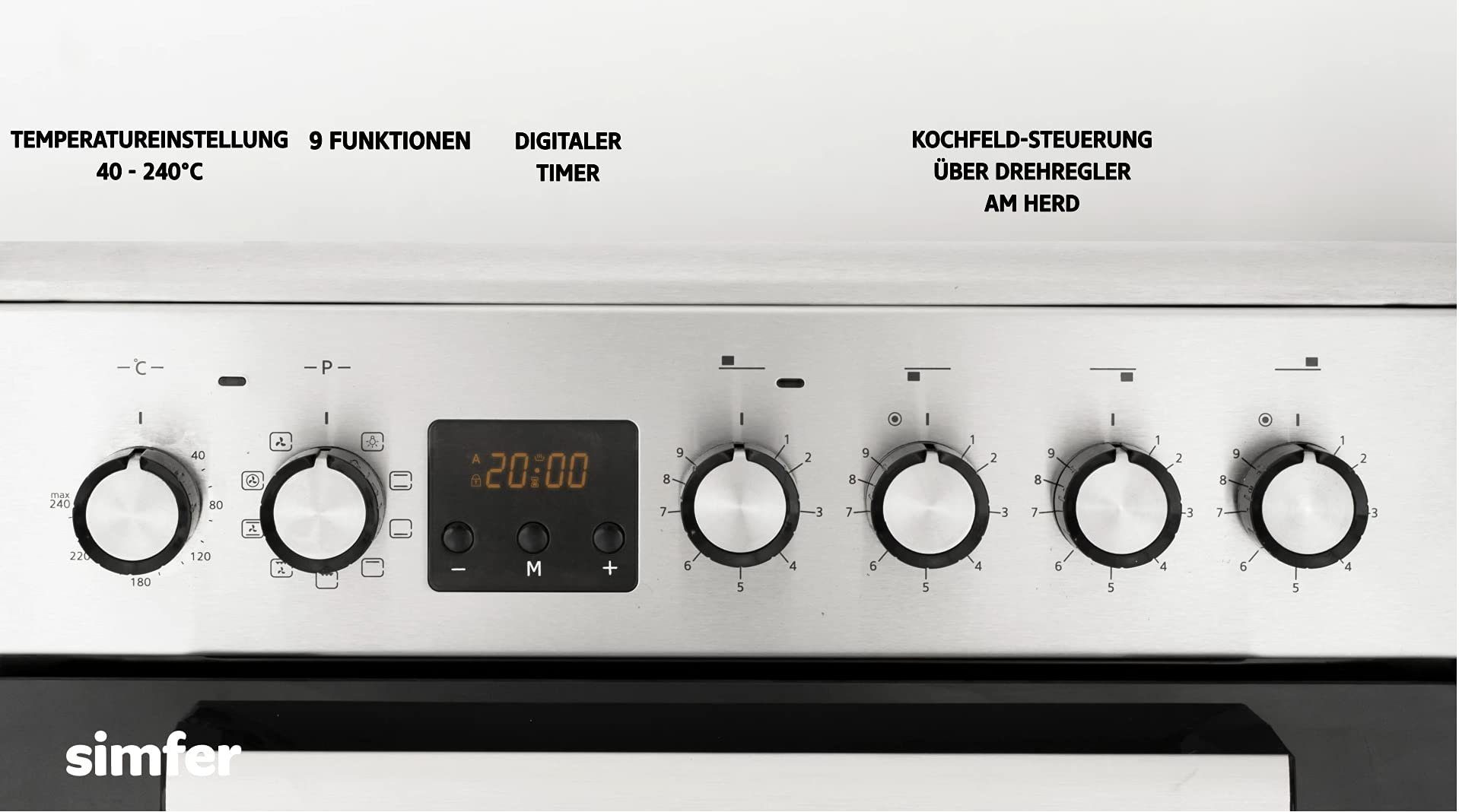 Simfer Elektro-Standherd SMF-FS 4249, 50 cm Herde mit 4x Glaskeramikkochfeld, 47 Liter, mit 1-fach-Teleskopauszug, Zweikreis&Bräterzone, 4 Hilight-Zonen, Teleskopauszug, Digitaler Timer