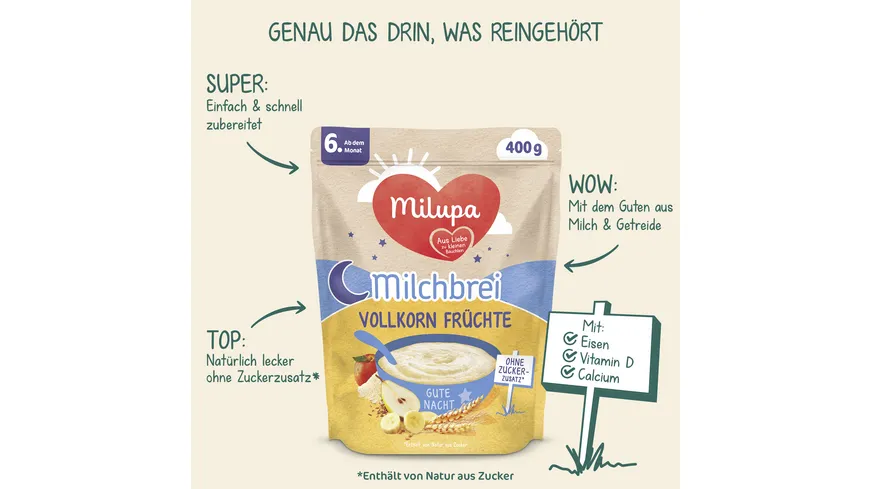MILUPA Milchbrei Vollkorn Früchte Gute Nacht ab dem 6. Monat 400 g