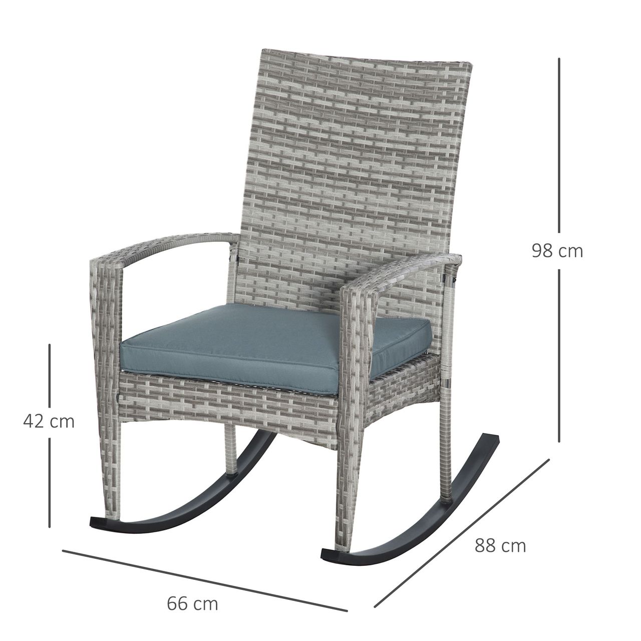 Outsunny Schaukelstuhl Schwingsessel Gartenstuhl mit Kissen, Polyrattan Metall, Grau, 66 x 88 x 98 cm