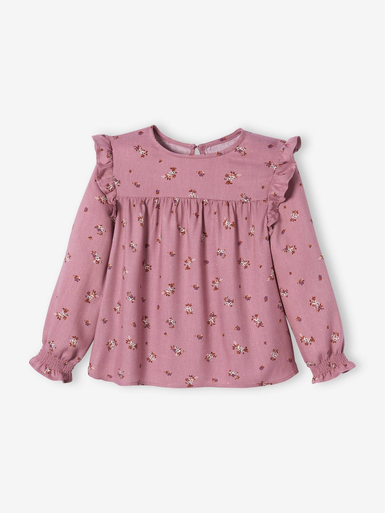 Blouse fleurie fille manches volantées bleu grisé