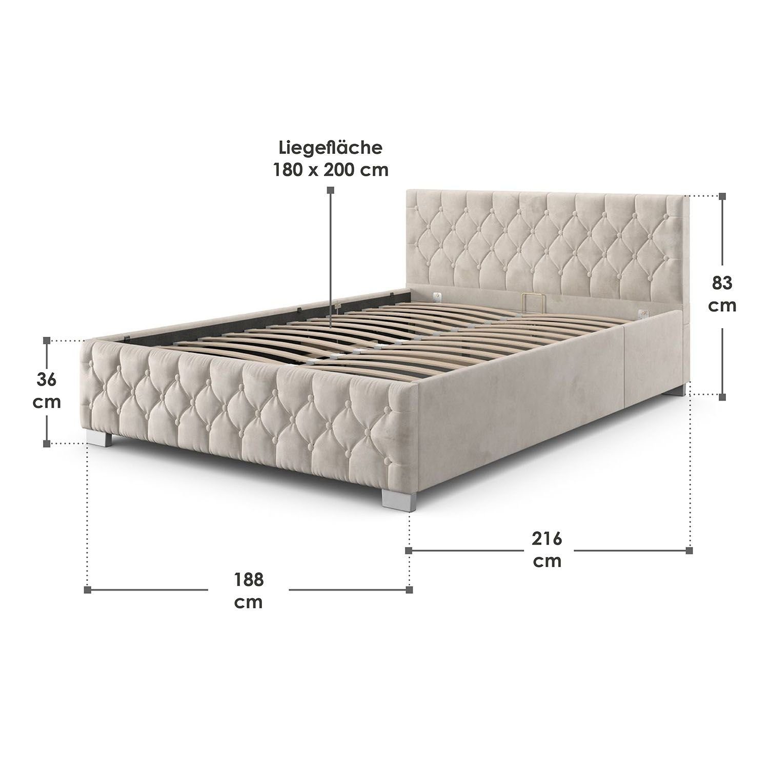 Juskys Polsterbett Nizza, Bettkasten, LED Licht, Chesterfield Steppung, Samtbezug