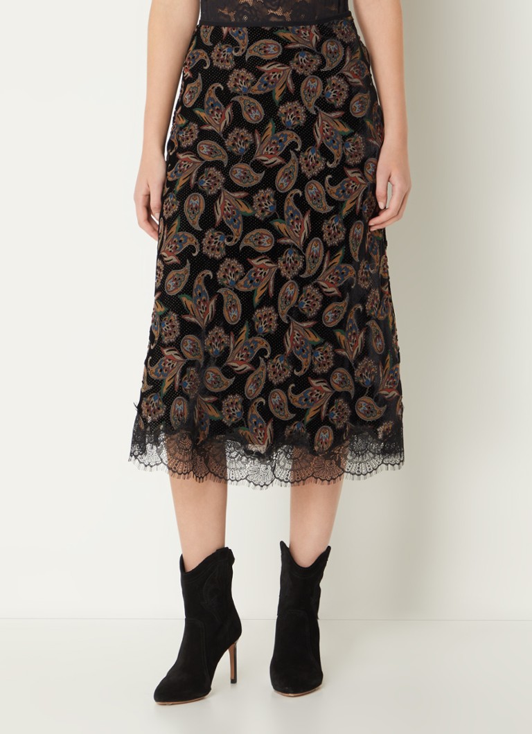 ba&sh  Rita midi rok van fluweel met inzet van kant en bloemenprint