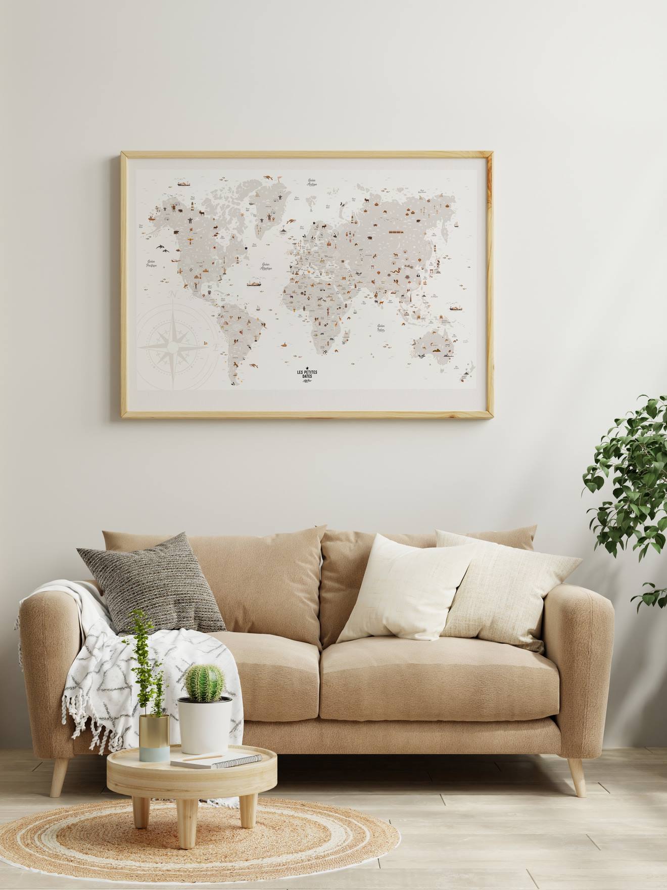 Affiche Carte du Monde LES PETITES DATES marron imprimé