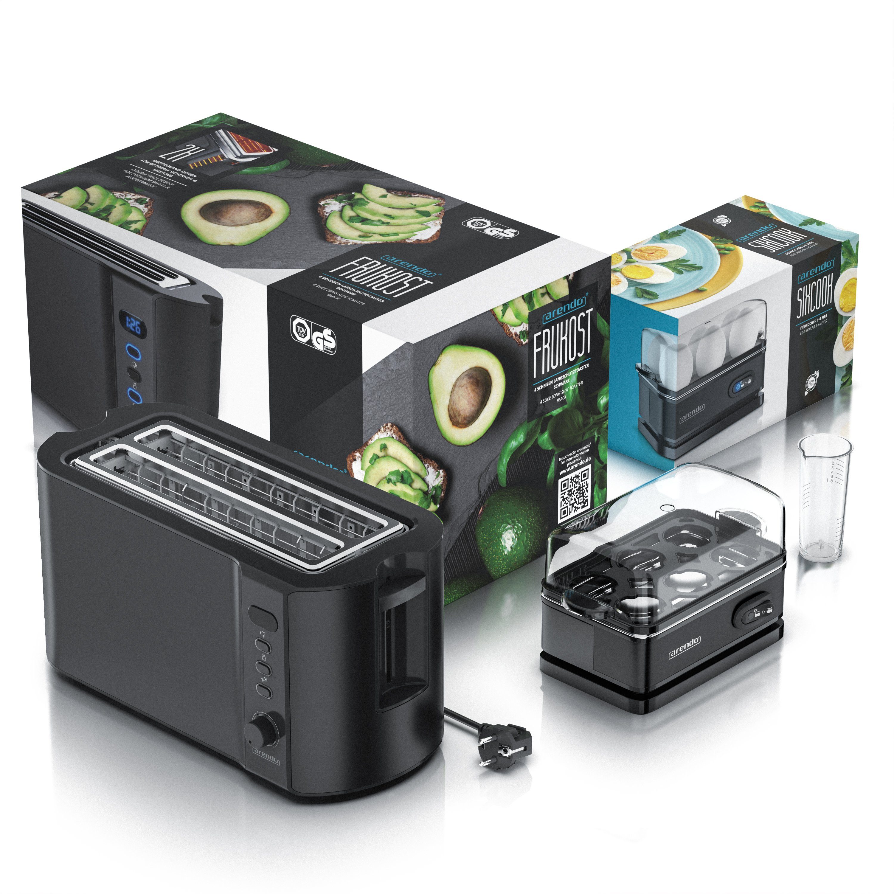 Arendo Frühstücks-Set (2-tlg), 4-Scheiben Langschlitz Toaster, 6er Eierkocher, Schwarz