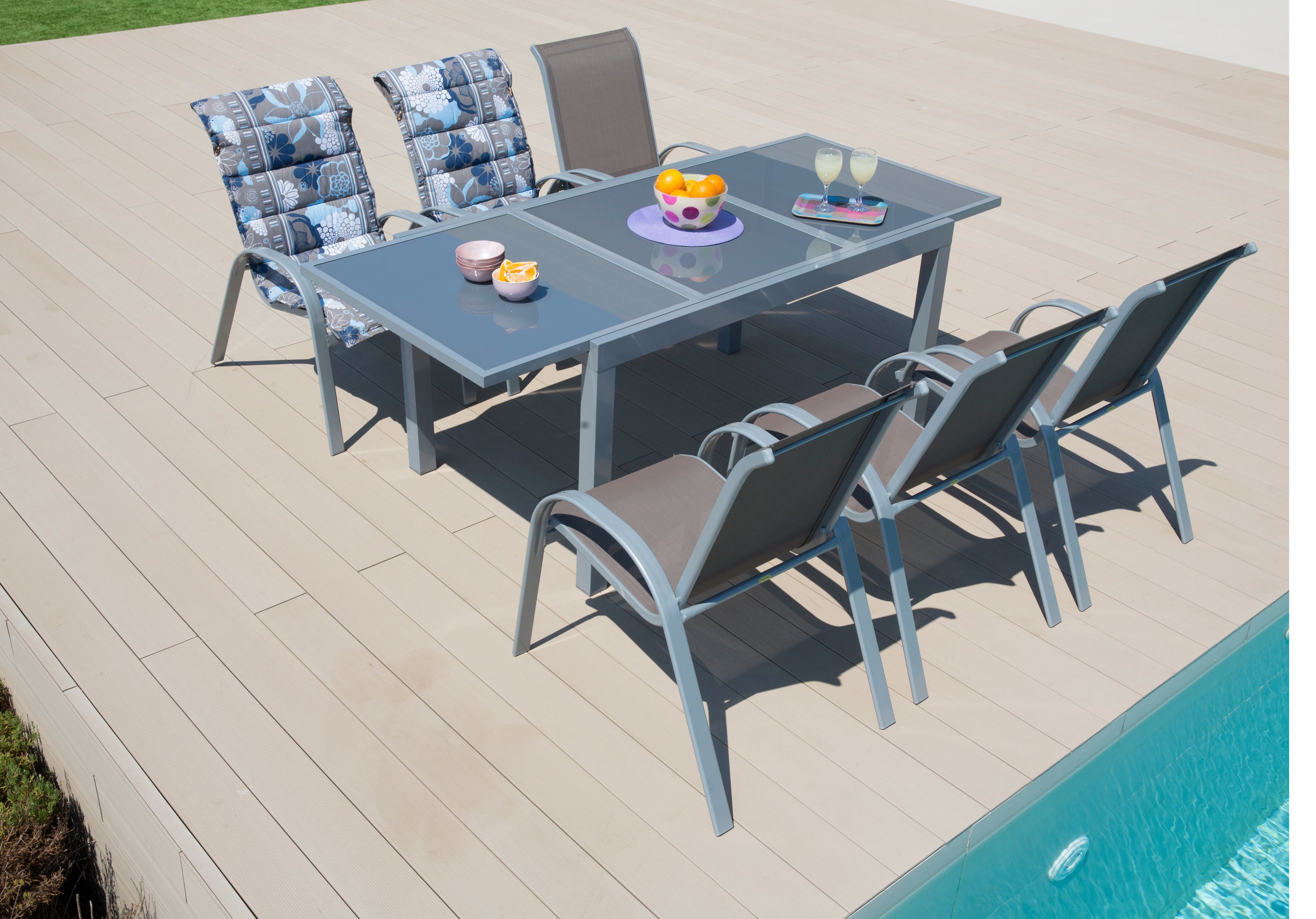 MERXX Garten-Essgruppe Amalfi, (7-tlg), 6 Sessel, Tisch ausziehbar 90x140-200 cm, Alu/Textil