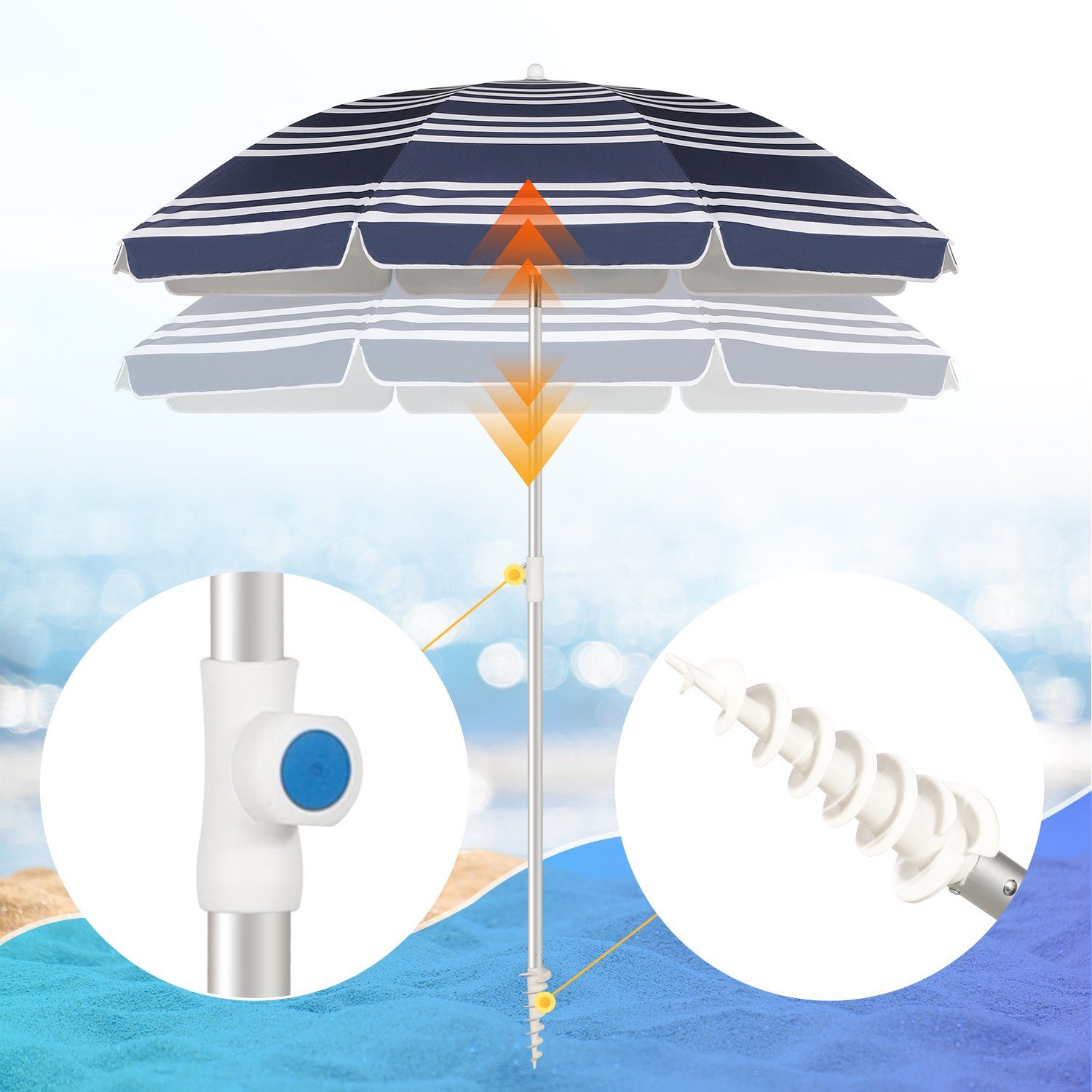 Sekey Sonnenschirm 160 cm Strandschirm mit Bodenhülse & Schutzhülle, UV-Schutz 50+, LxB: 160,00x160,00 cm, Neigungswinkel und Höhe verstellbar