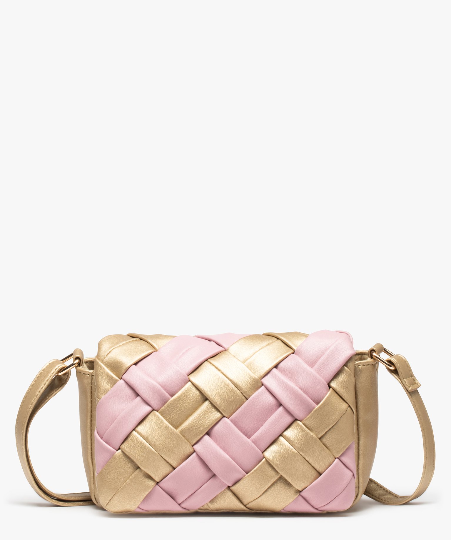 Sac bandoulière femme à rabat tressé bicolore rose | GEMO