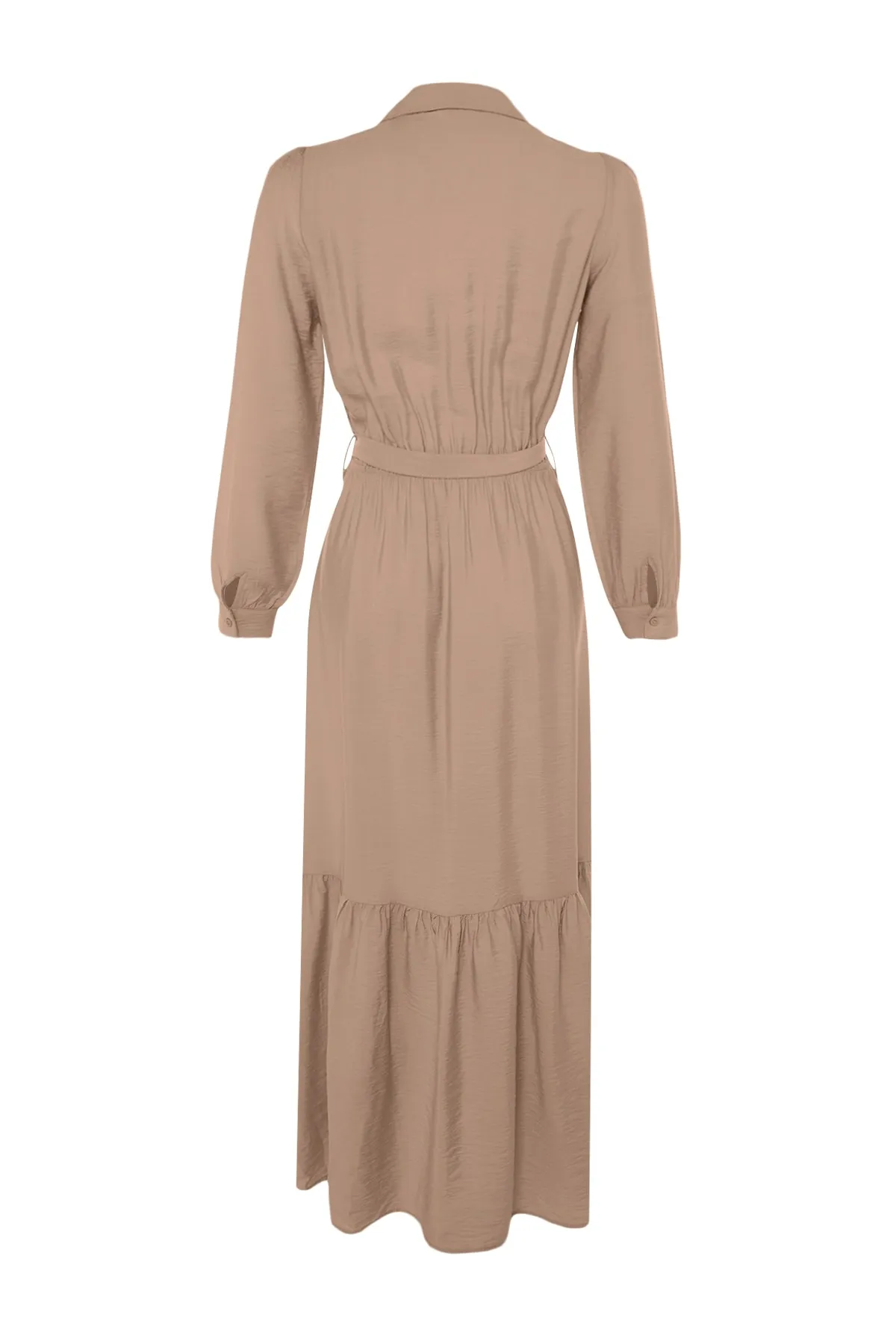 Trendyol Modest  Nerzfarbenes Hemdblusenkleid mit Schultergurt, detailliertem Rock und Volant TCTSS21EL3887