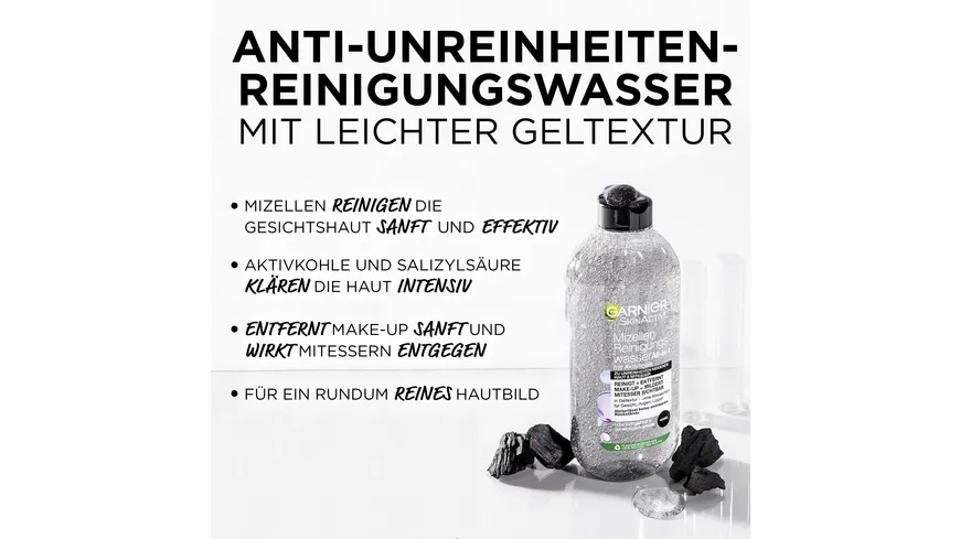 Garnier Skin Active Hautklar Mizellen Jelly Reinigungswasser mit Aktivkohle und Salicylsäure 400 ml