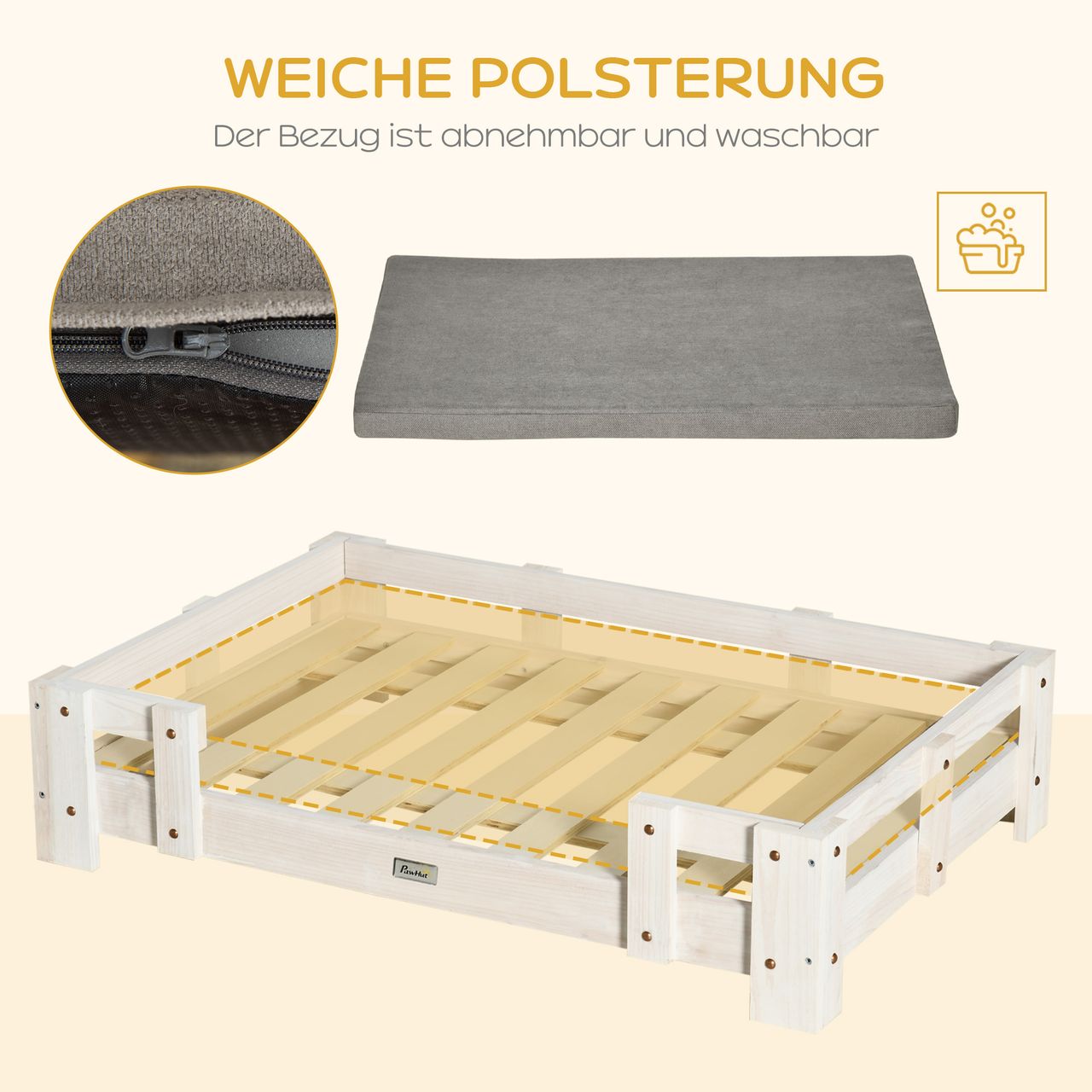 PawHut Erhöhtes Hundebett Kissen Holz Hundesofa Hundecouch Katzensofa waschbar