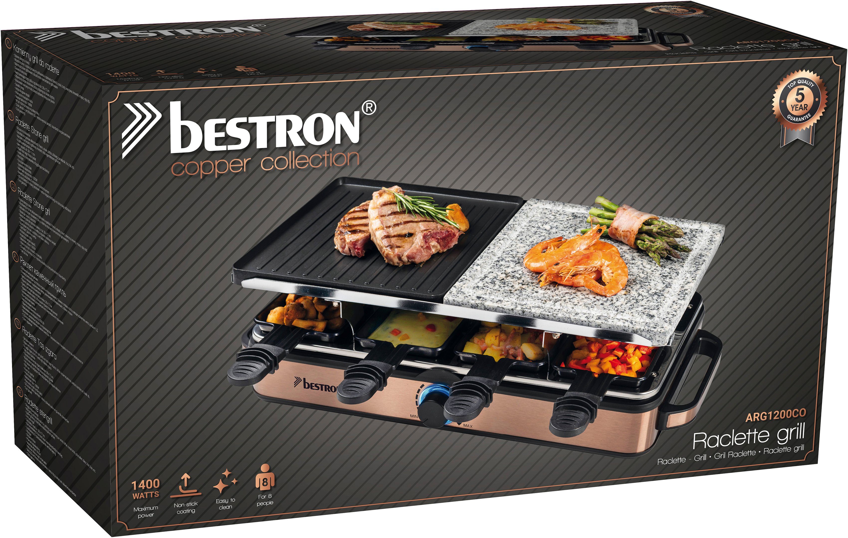 bestron Raclette ARG1200CO, 8 Raclettepfännchen, 1400 W, Naturstein & antihaftbeschichtete Grillplatte, 8 Pfännchen & 8 Schaber