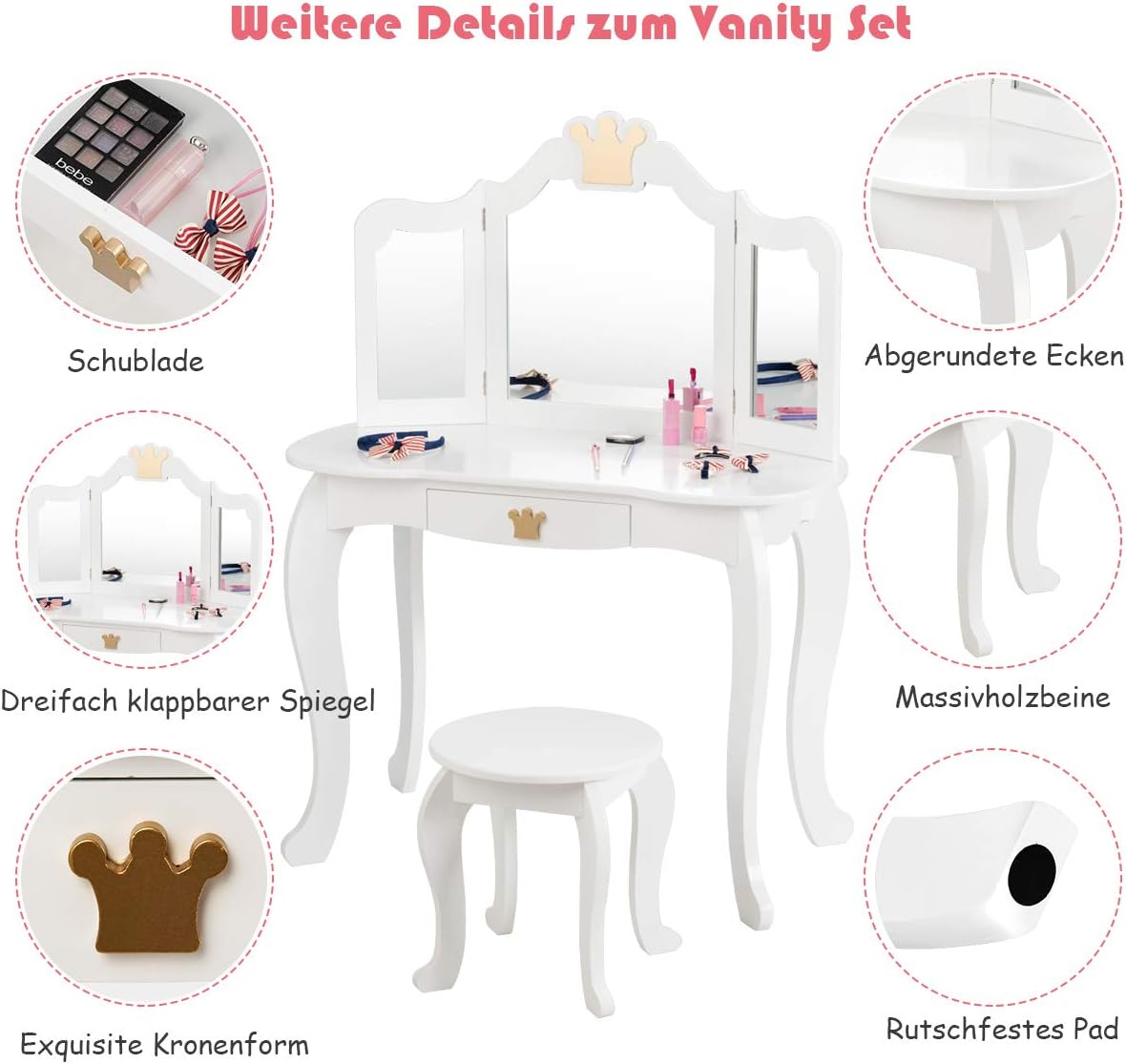 Costway COSTWAY Kinder Schminktisch mit Hocker und Abnehmbarer Spiegel