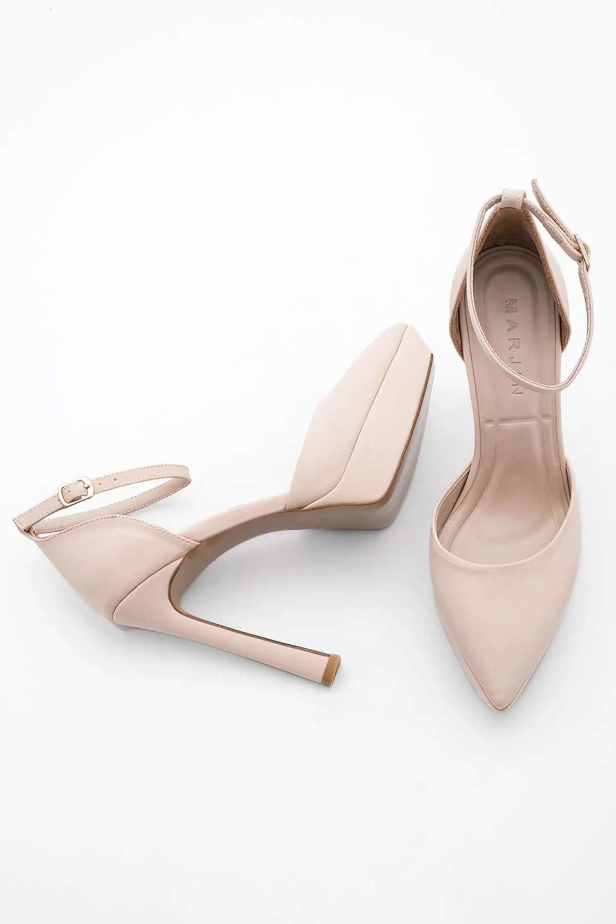 Marjin  Damen Plateau Abendschuhe mit Absatz und Knöchelriemen, spitze Zehenpartie, Tayos, Beige