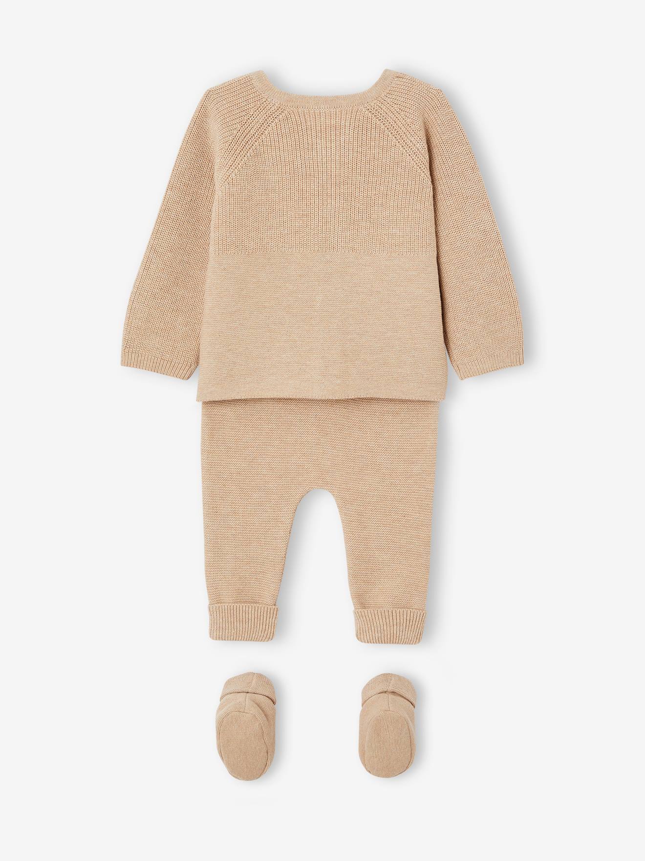 Vertbaudet Baby Strick-Set: Strickjacke, Hose & Schühchen Oeko-Tex - beige meliert