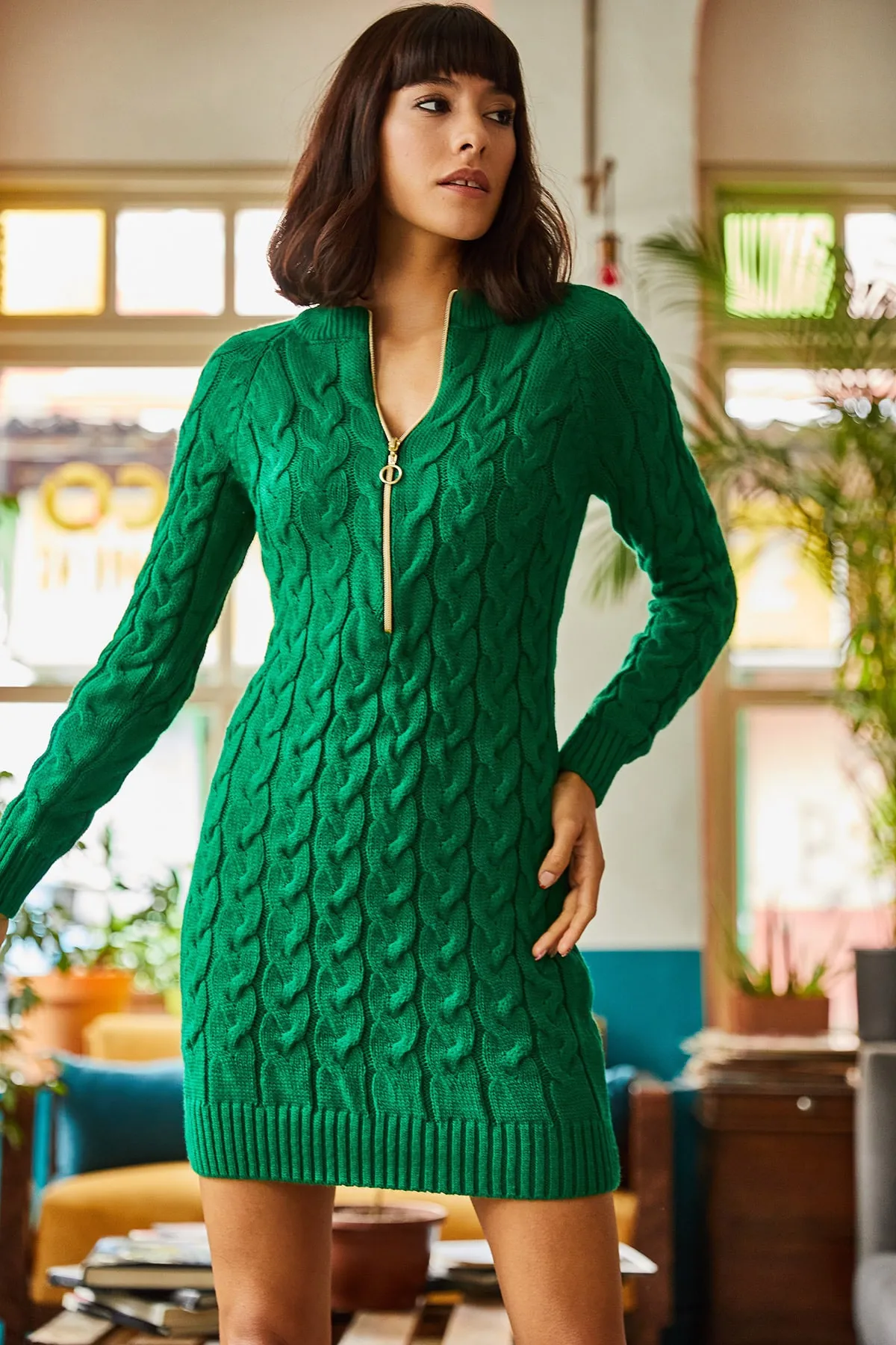 Olalook  Grünes geflochtenes Strickkleid mit Reißverschluss für Damen ELB-19001362