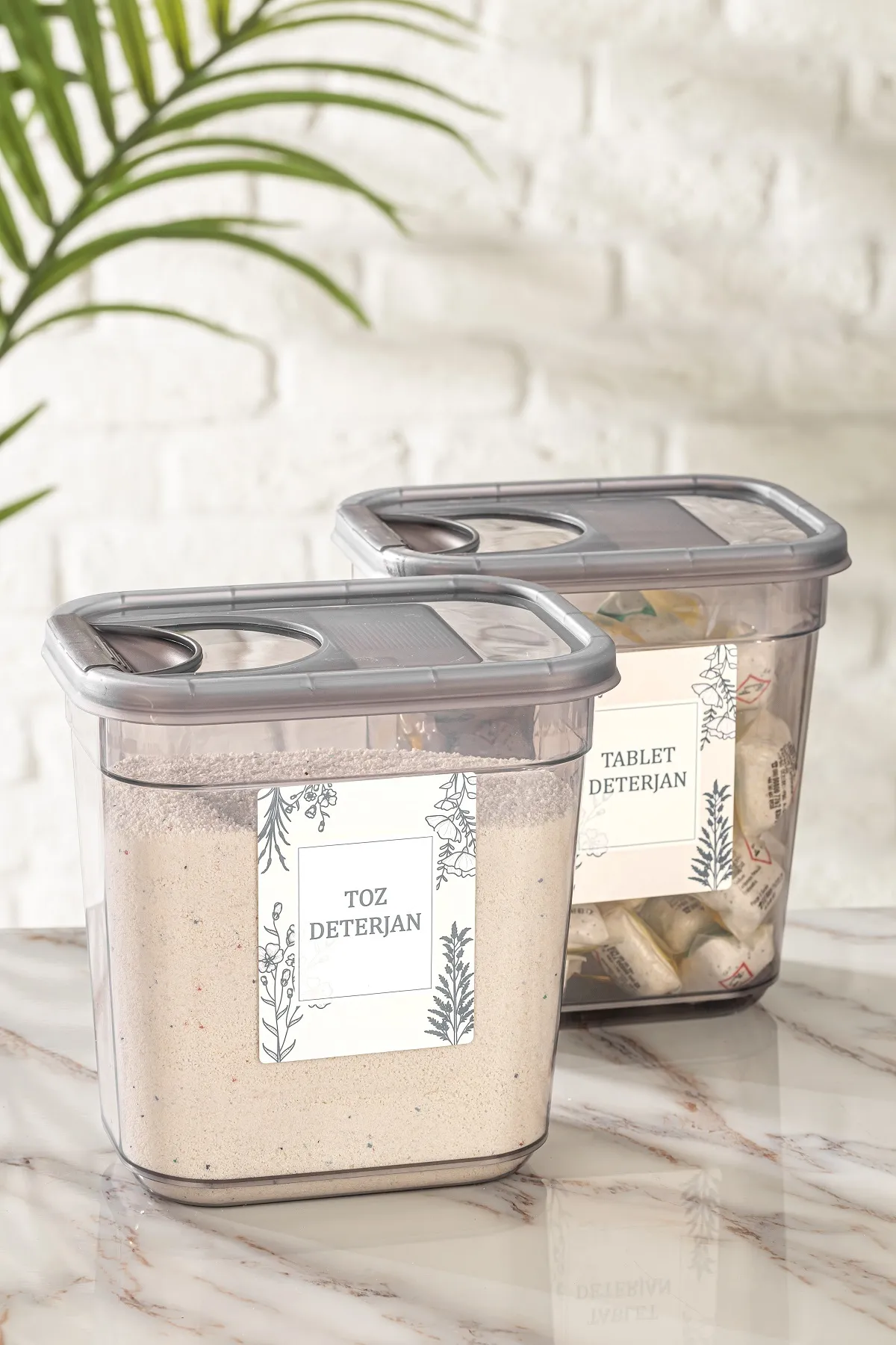 Meleni Home  2 beschriftete rechteckige Vega-Aufbewahrungsbehälter mit Schiebedeckel – Tabletten-Reinigungsmittel-Aufbewahrungsbox 2 x 2 Lt