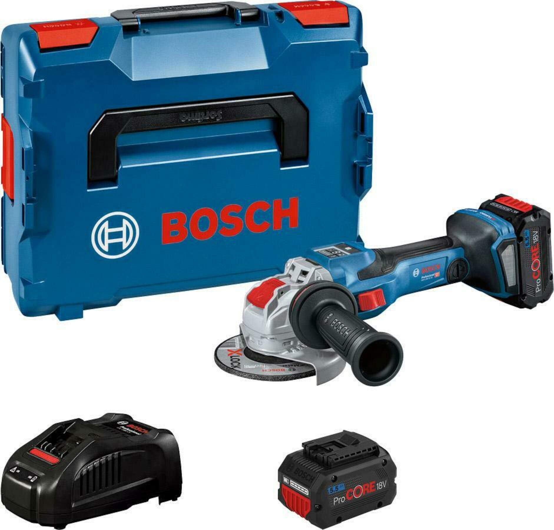 Bosch Blue 06019H6502 X-LOCK GWX 18V-15 SC akumuliatorinis kampinis šlifuoklis 125 mm 18 V ProCore 5.5 Ah L-BOXX dėžutėje