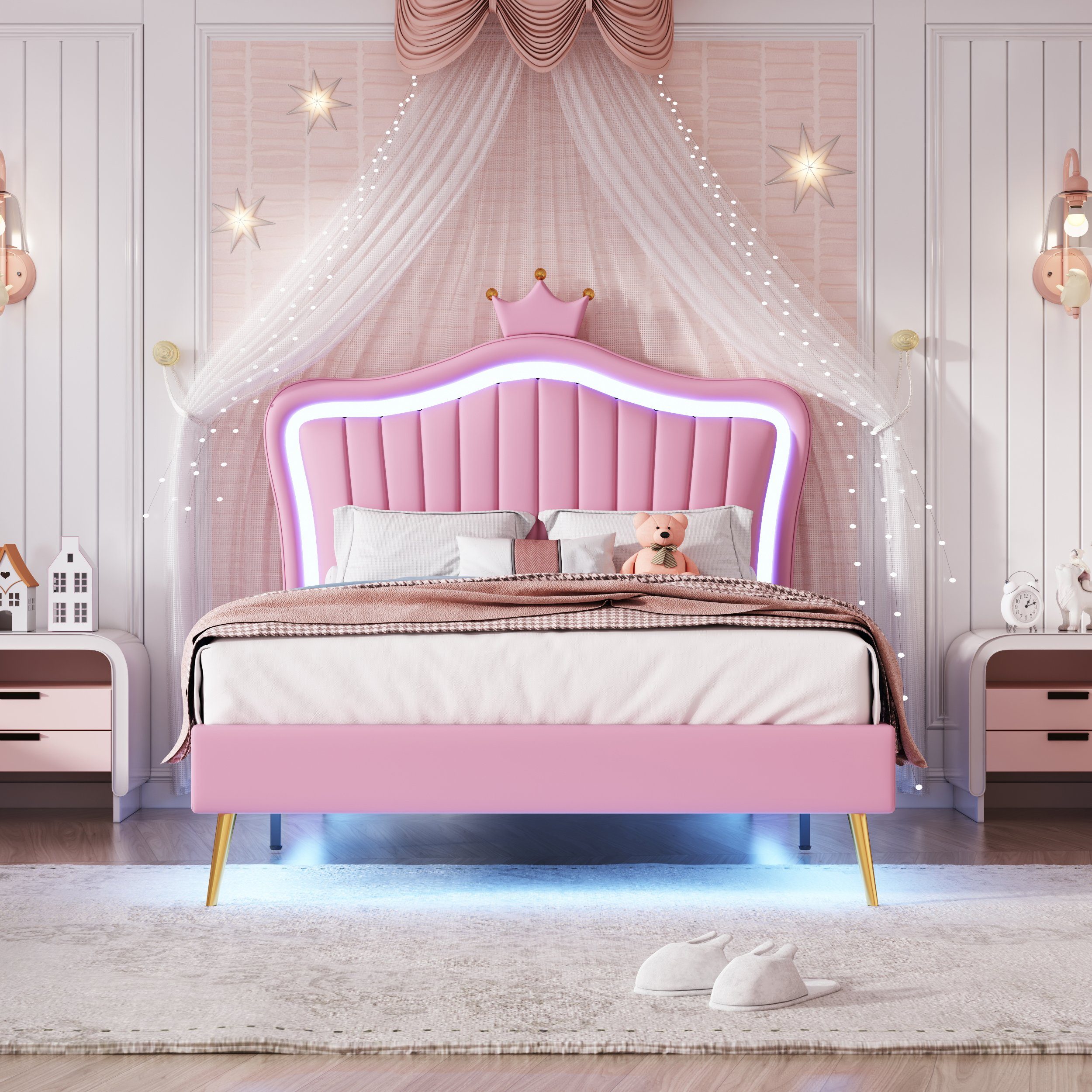 Flieks Polsterbett, LED Beleuchtung Krone Kunstleder Kinderbett 90x200cm rosa