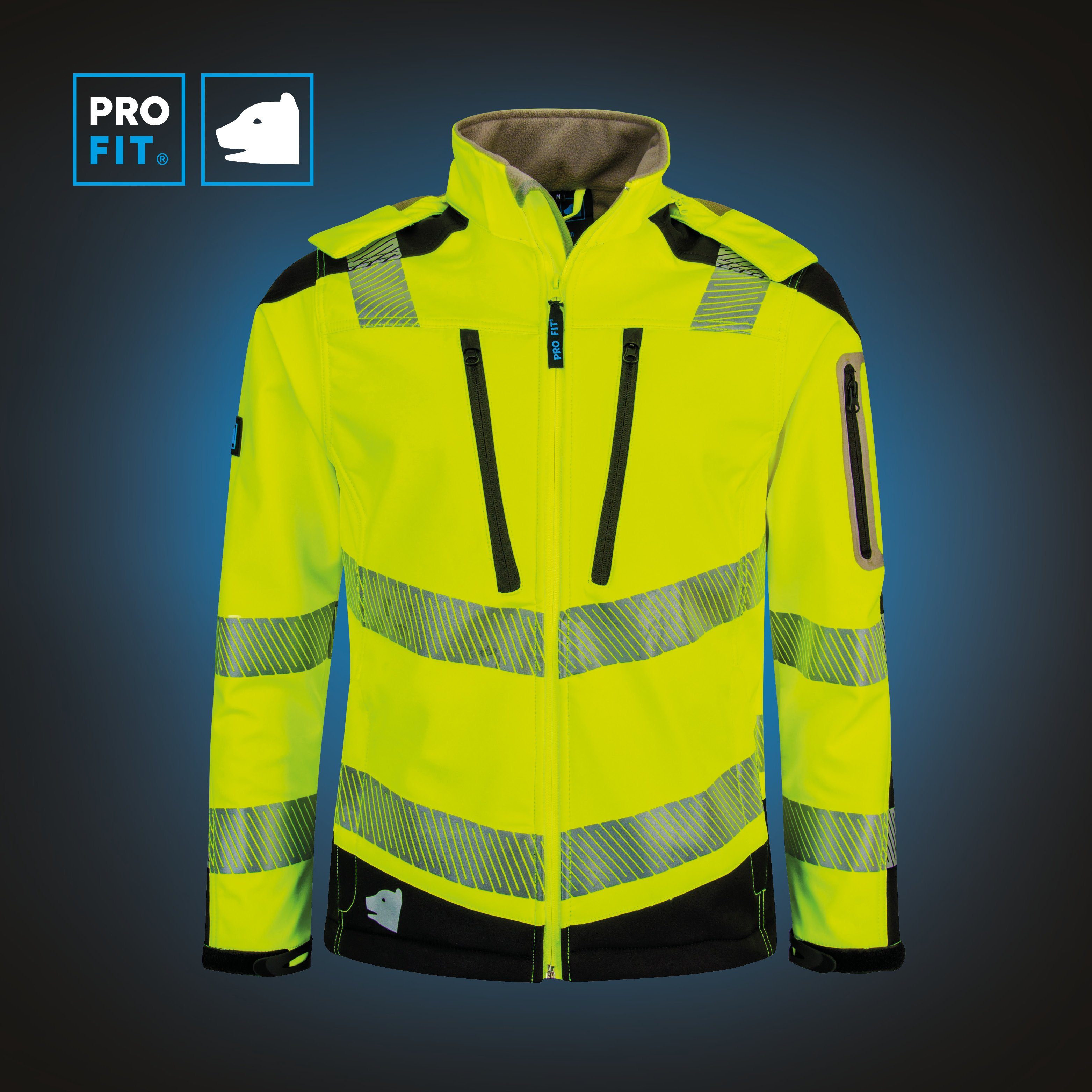 PRO FIT by Fitzner Arbeitsjacke Warnschutz Softshelljacke, Neongelb/Schwarz (1-St) Reflektierende Streifen, Winddicht, Wasserdicht, Atmungsaktiv
