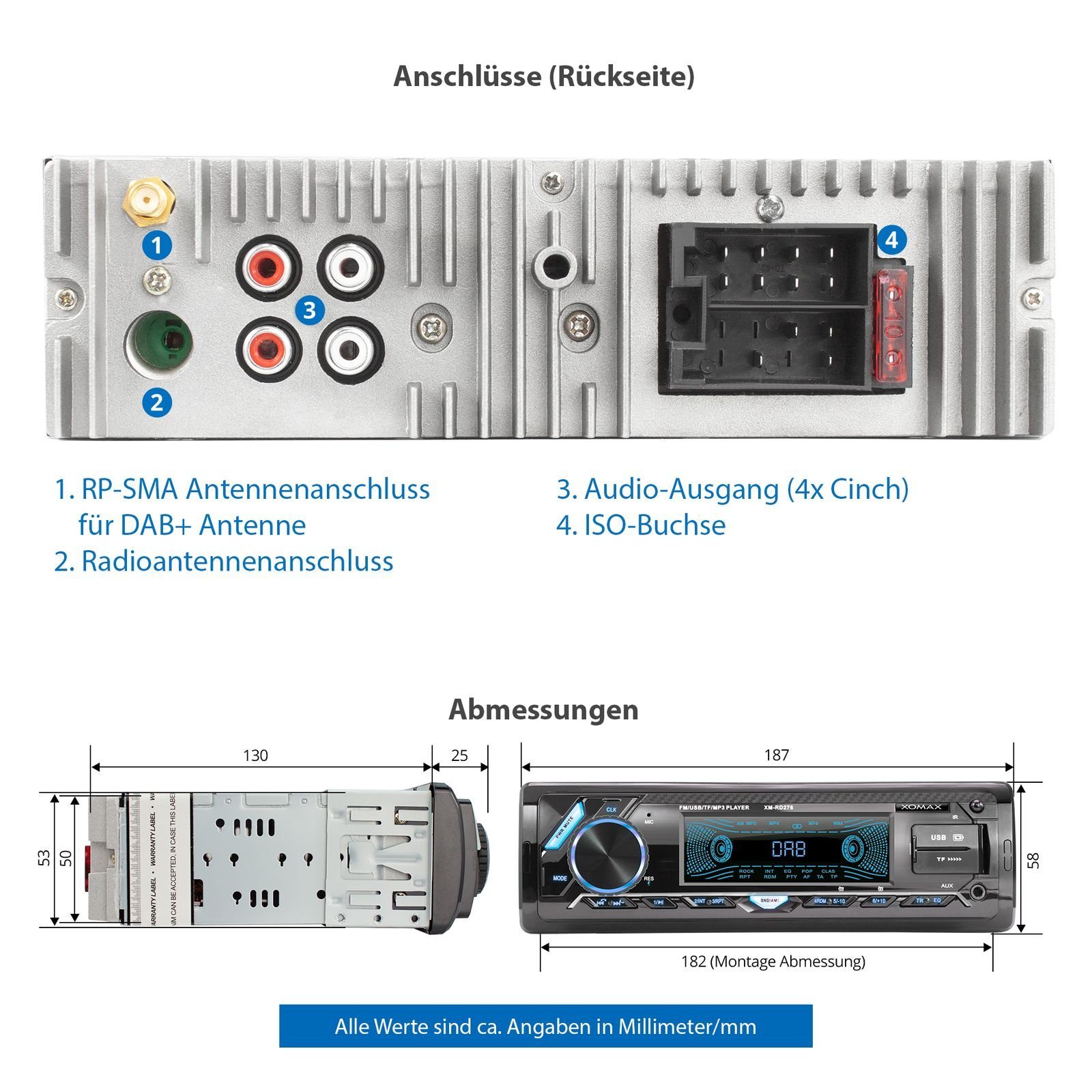 XOMAX XM-RD276 Autoradio mit DAB+ plus, Bluetooth, 2x USB, SD, AUX, 1 DIN Autoradio