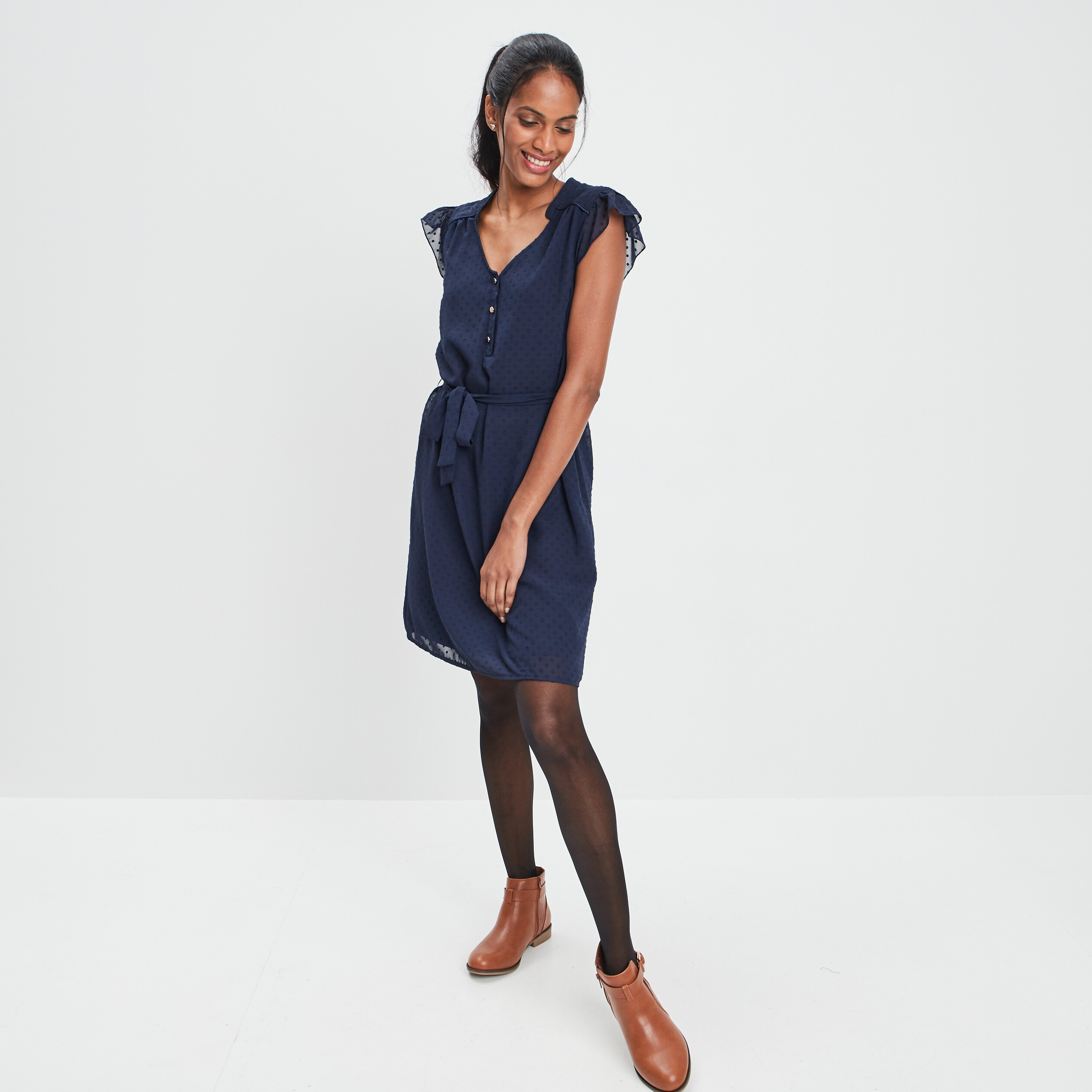 Robe plumetis droite ceinturée bleu marine femme | La Halle