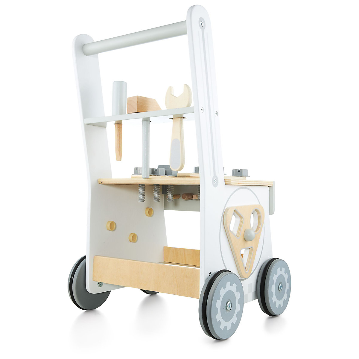 Lauflernwagen aus Holz mit Gummibereifung, Lauflernhilfe-Laufwagen für Kinder, Sortierer, Werkzeugbank für Kinder aus Holz