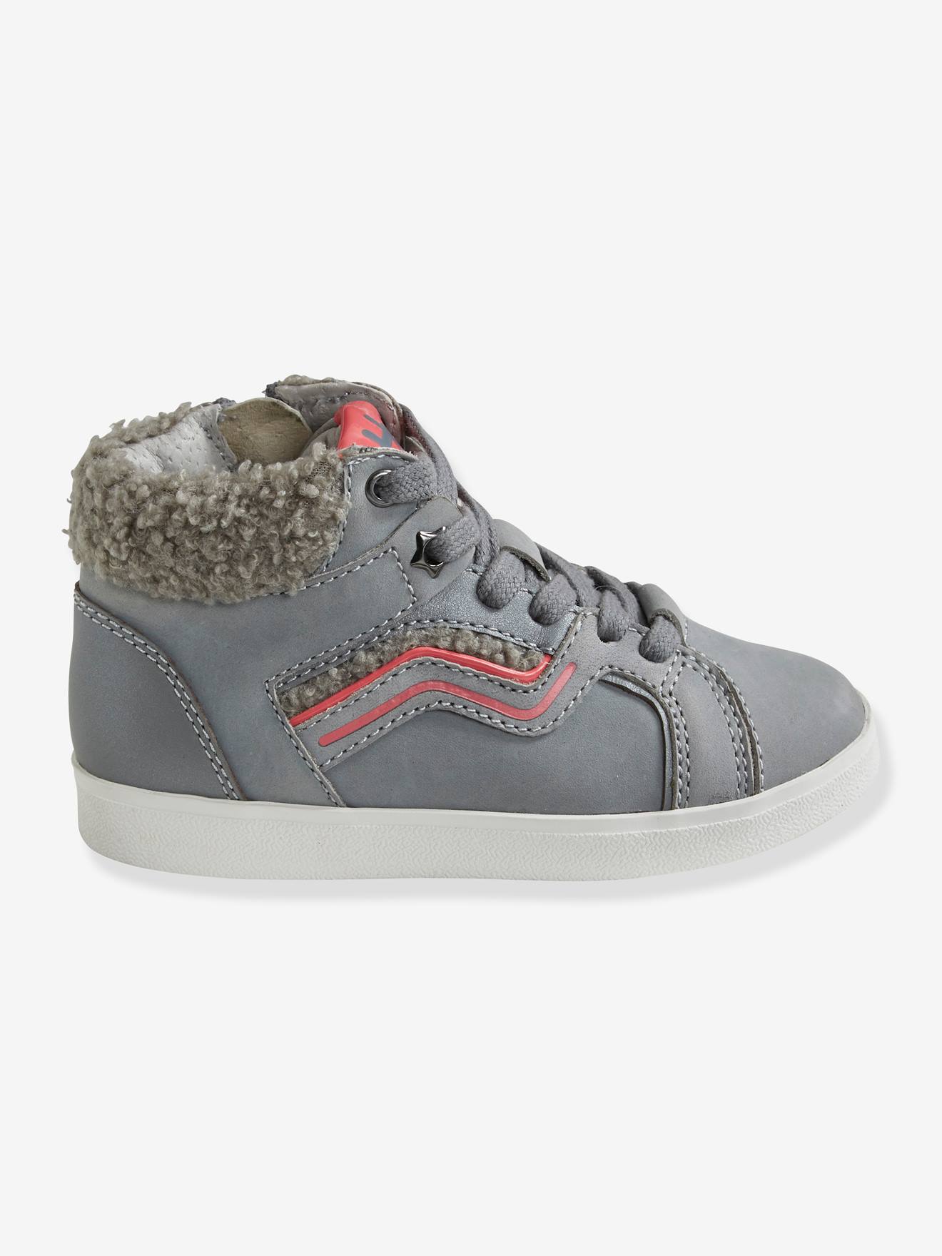 Baskets montantes zippées + lacets fille en cuir gris