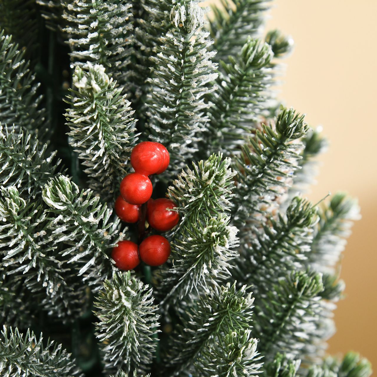 HOMCOM Künstlicher Weihnachtsbaum kleiner Tisch-Christbaum 170 Äste schneebedecktes Design einfacher Aufbau Christbaum mit Kunststoffsockel Beeren Tannenzapfen PE PVC Grün Ø27 x 47 cm