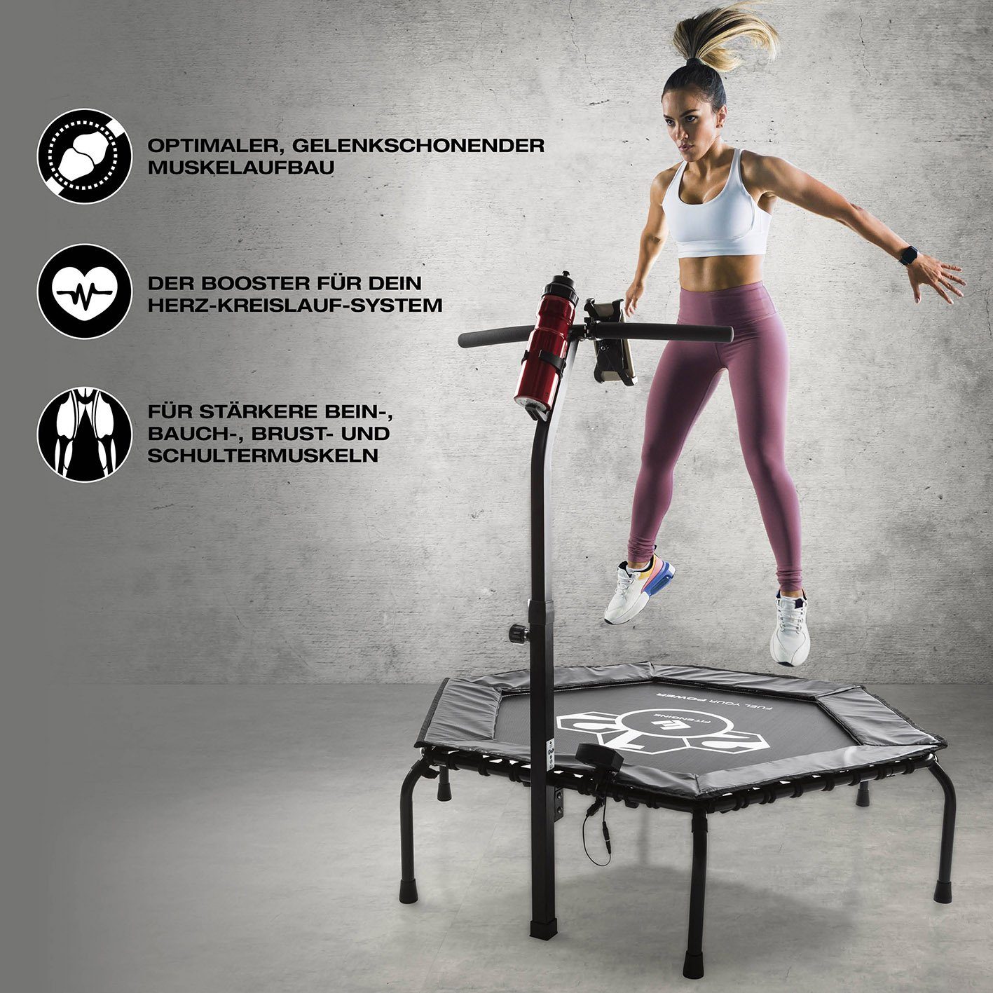 FitEngine Fitnesstrampolin Jumping - Smart - 5 höhenverstellbarer Haltegriff