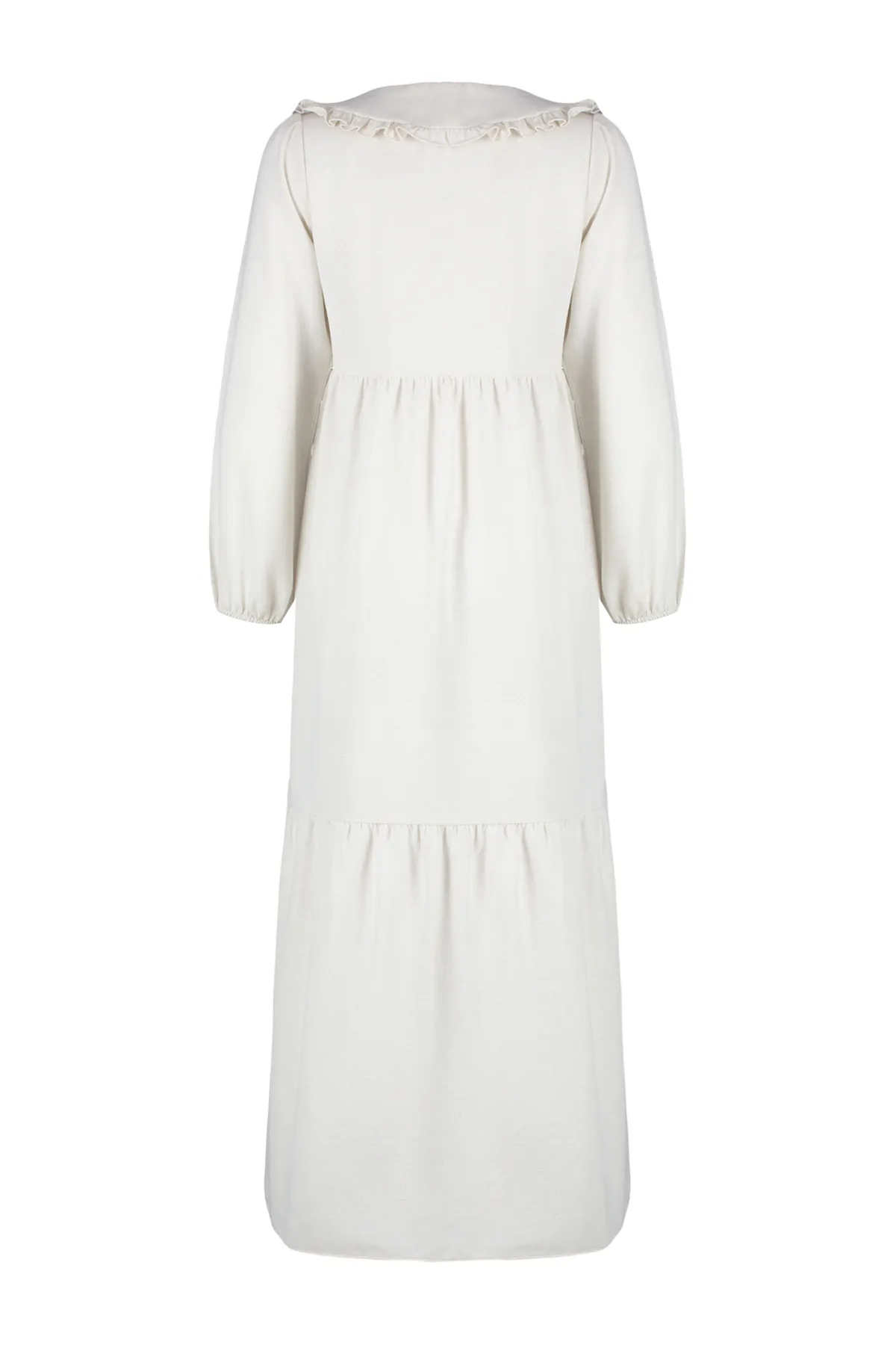 Trendyol Modest  Ecrufarbenes, gewebtes Kleid mit halber Knopfleiste und besticktem Kragen in Leinenoptik TCTSS23EB00257