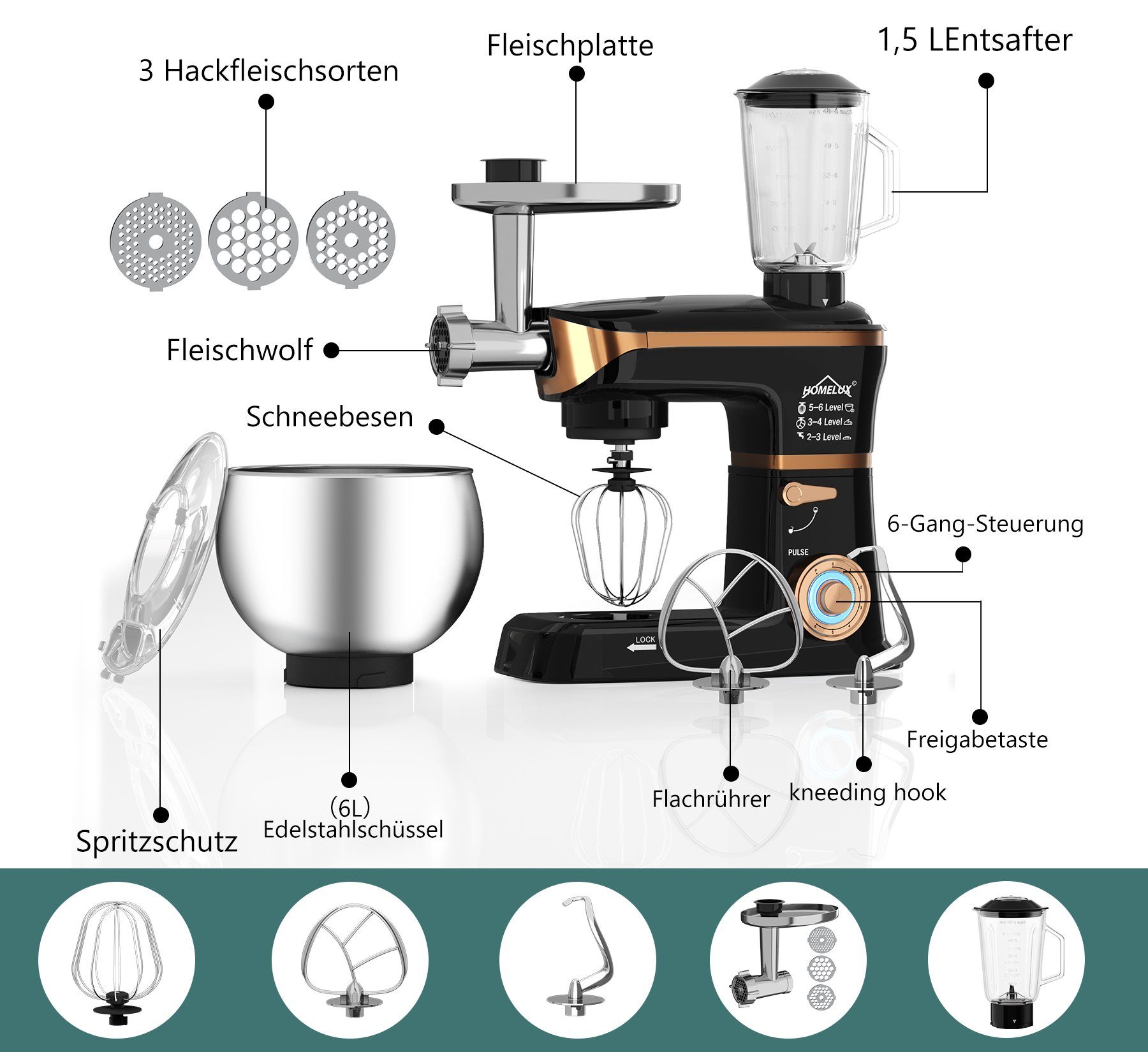 HOMELUX Küchenmaschine 3in1 Multifunktions Standmixer, 6 Geschwindigkeiten Knetmaschine, 1000,00 W, 6,00 l Schüssel, Fleischwolf, Rührmaschine