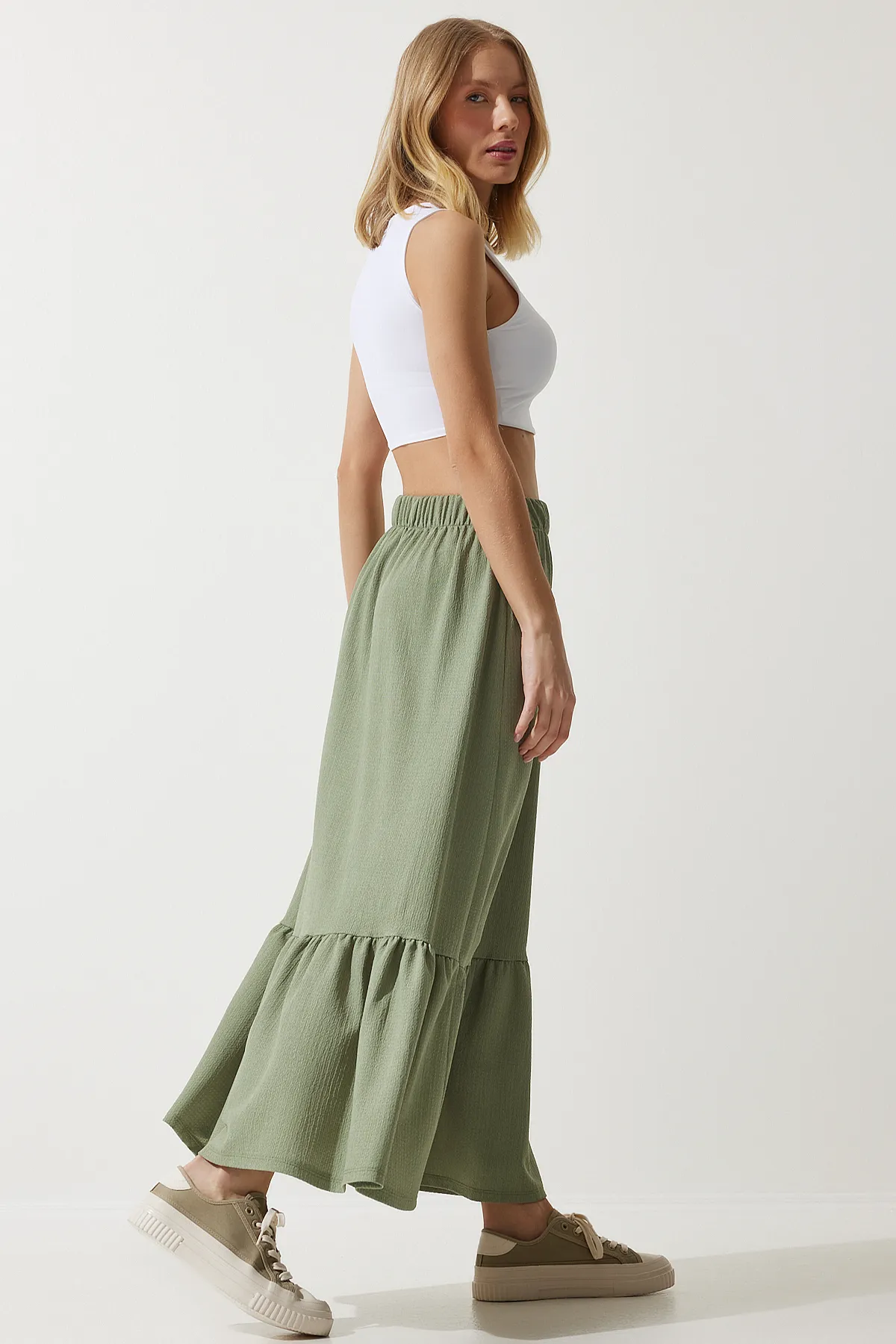 Happiness İstanbul  Grüner Volant-Sommer-Midirock für Damen DD01231
