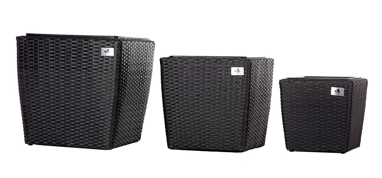 Weles Pflanzkübel Polyrattan 46 x 46 x 45 cm, 37 x 37 x 37cm, 28 x 28 x 30cm, Kunststoffeinsatz, anthrazit