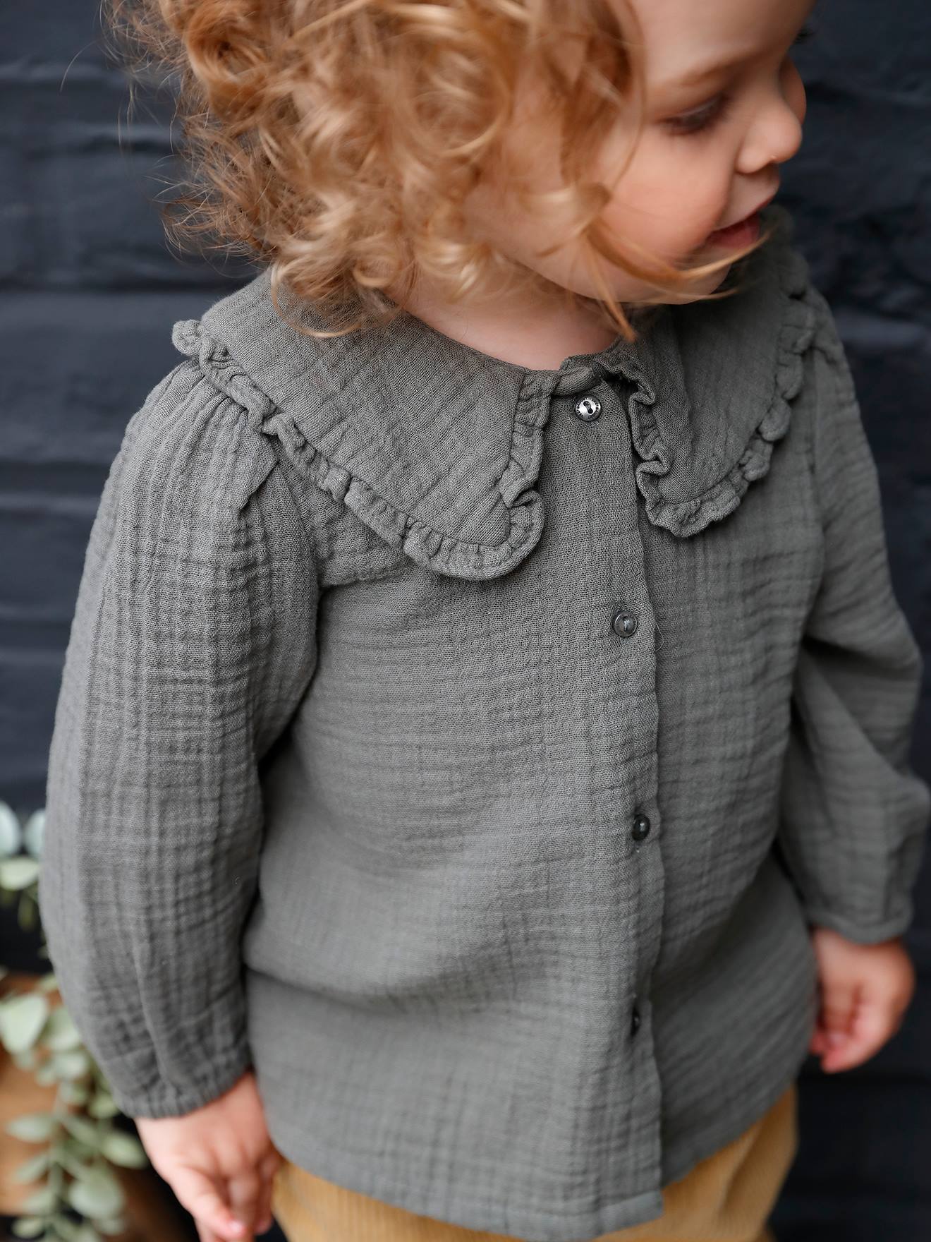 Blouse en gaze de coton bébé col fantaisie kaki