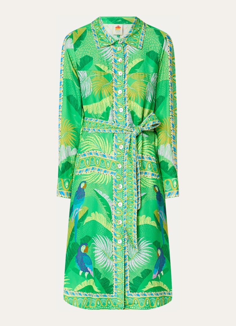 Vestido midi Farm Rio con cinturón de lazo y estampado de hojas